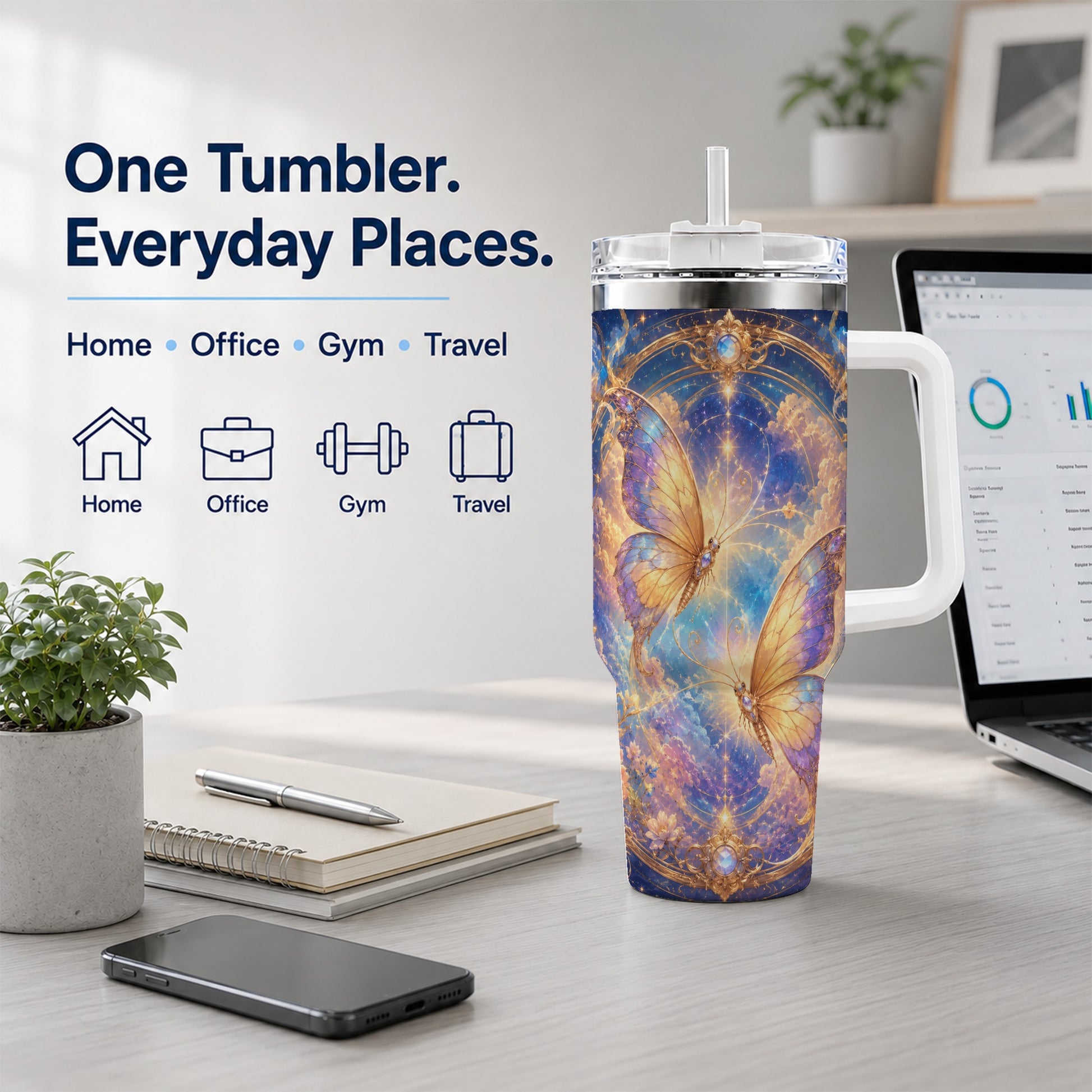 #pl[40oz|White] Celestial Butterflies 40oz Tumbler with Handle, Dreamy Butterfly Art