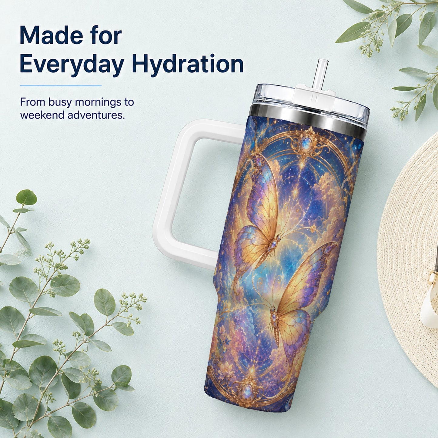 #pl[40oz|White] Celestial Butterflies 40oz Tumbler with Handle, Dreamy Butterfly Art