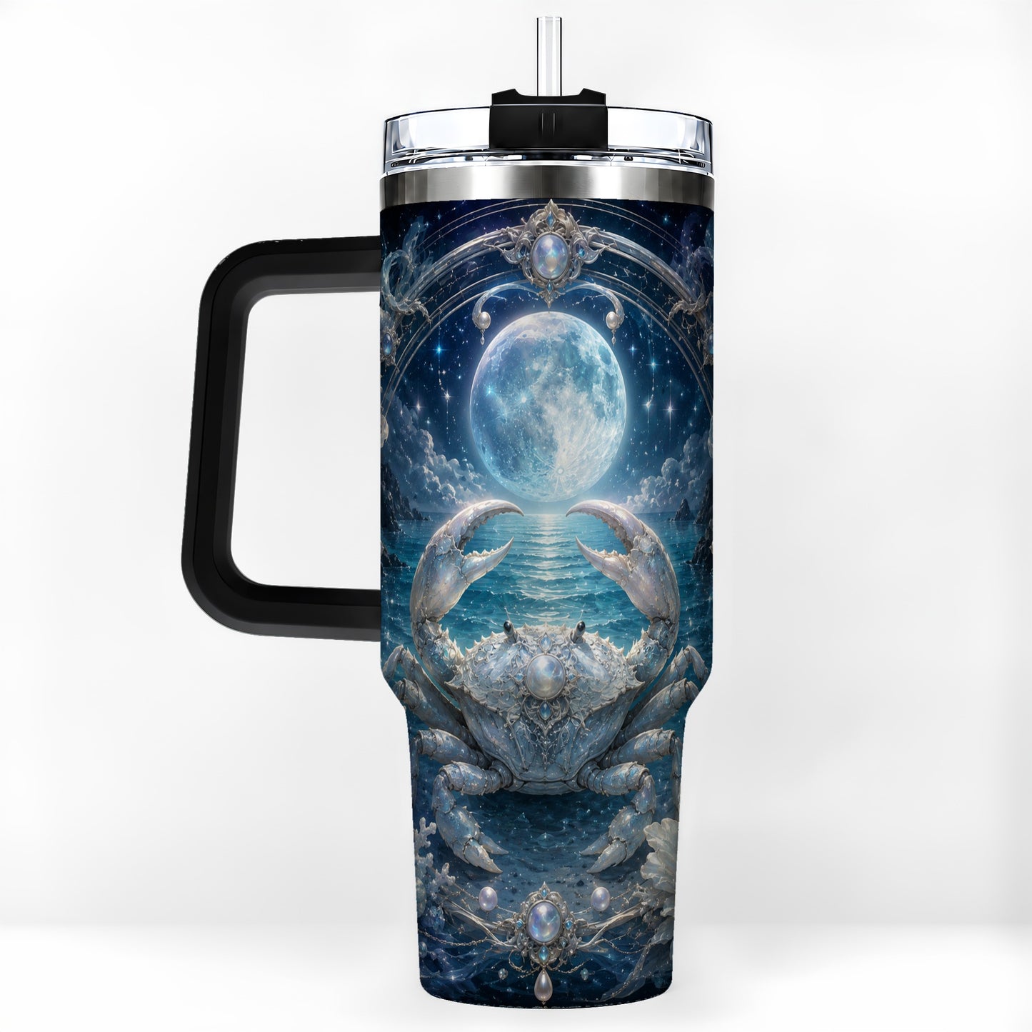 #pl[40oz|Black] Cancer Crab 40oz Tumbler with Handle, Moonlit Zodiac Celestial Art