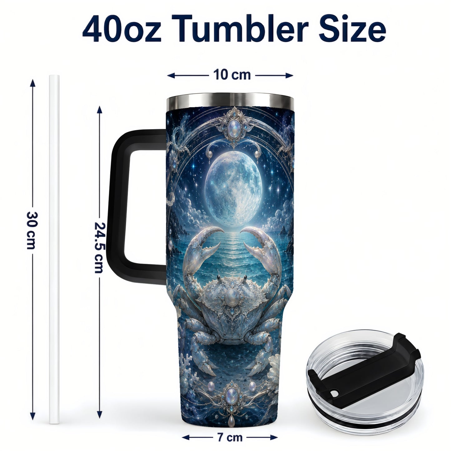 #pl[40oz|Black] Cancer Crab 40oz Tumbler with Handle, Moonlit Zodiac Celestial Art