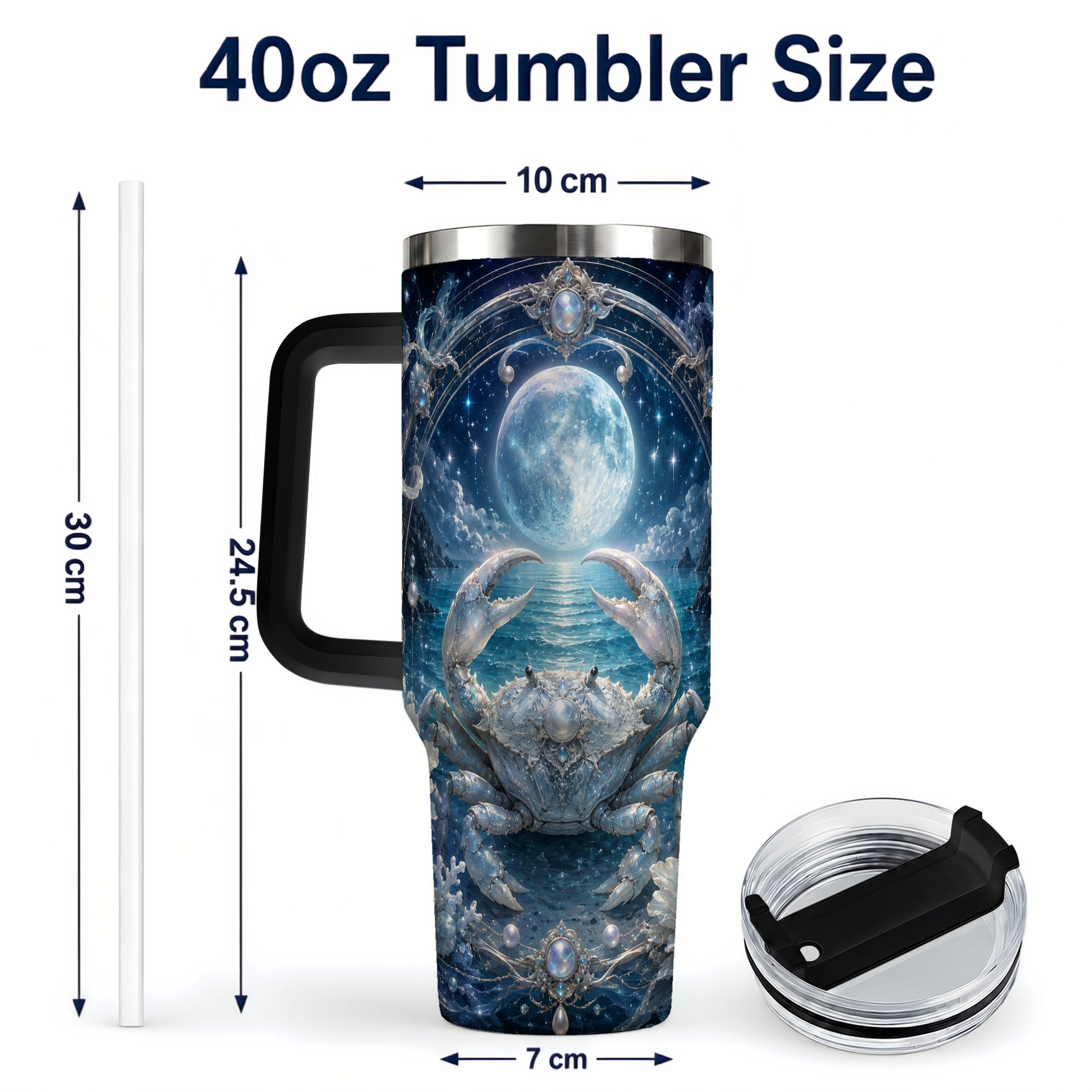 #pl[40oz|Black] Cancer Crab 40oz Tumbler with Handle, Moonlit Zodiac Celestial Art