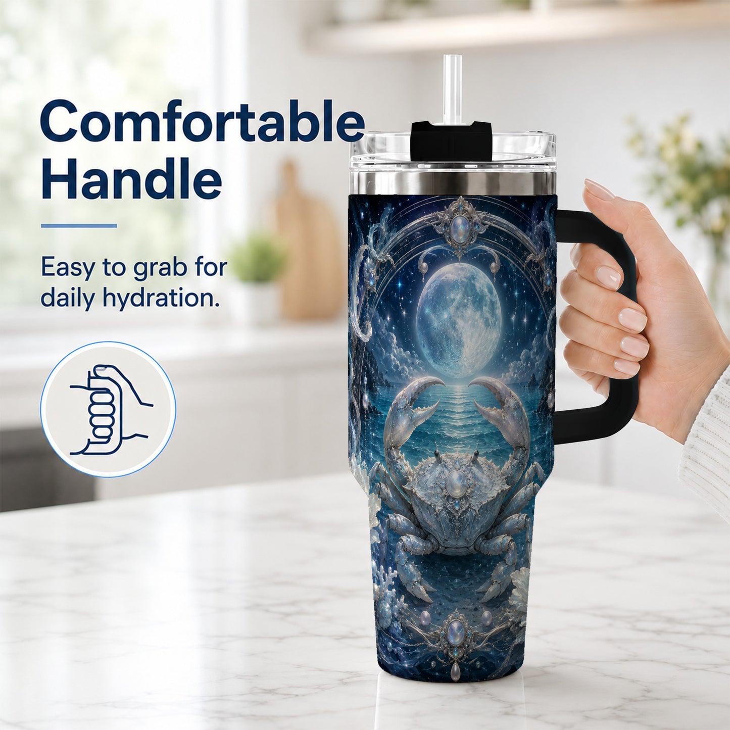 #pl[40oz|Black] Cancer Crab 40oz Tumbler with Handle, Moonlit Zodiac Celestial Art