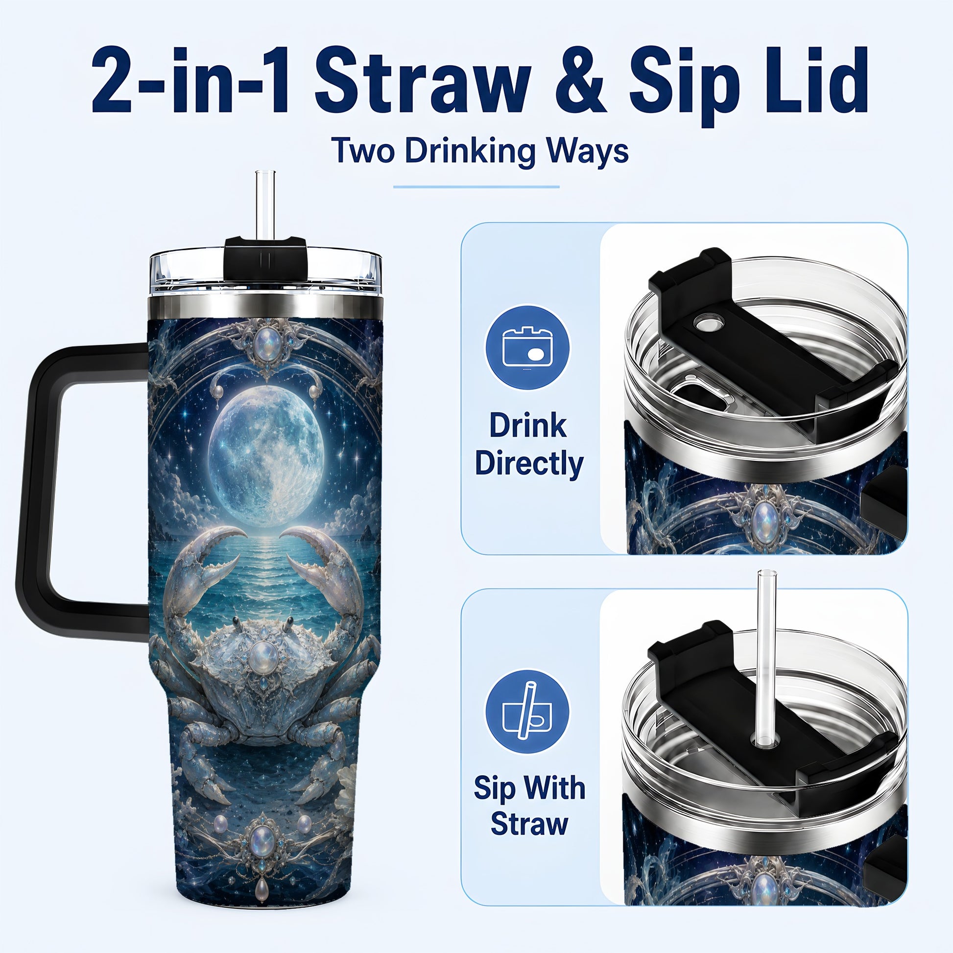 #pl[40oz|Black] Cancer Crab 40oz Tumbler with Handle, Moonlit Zodiac Celestial Art