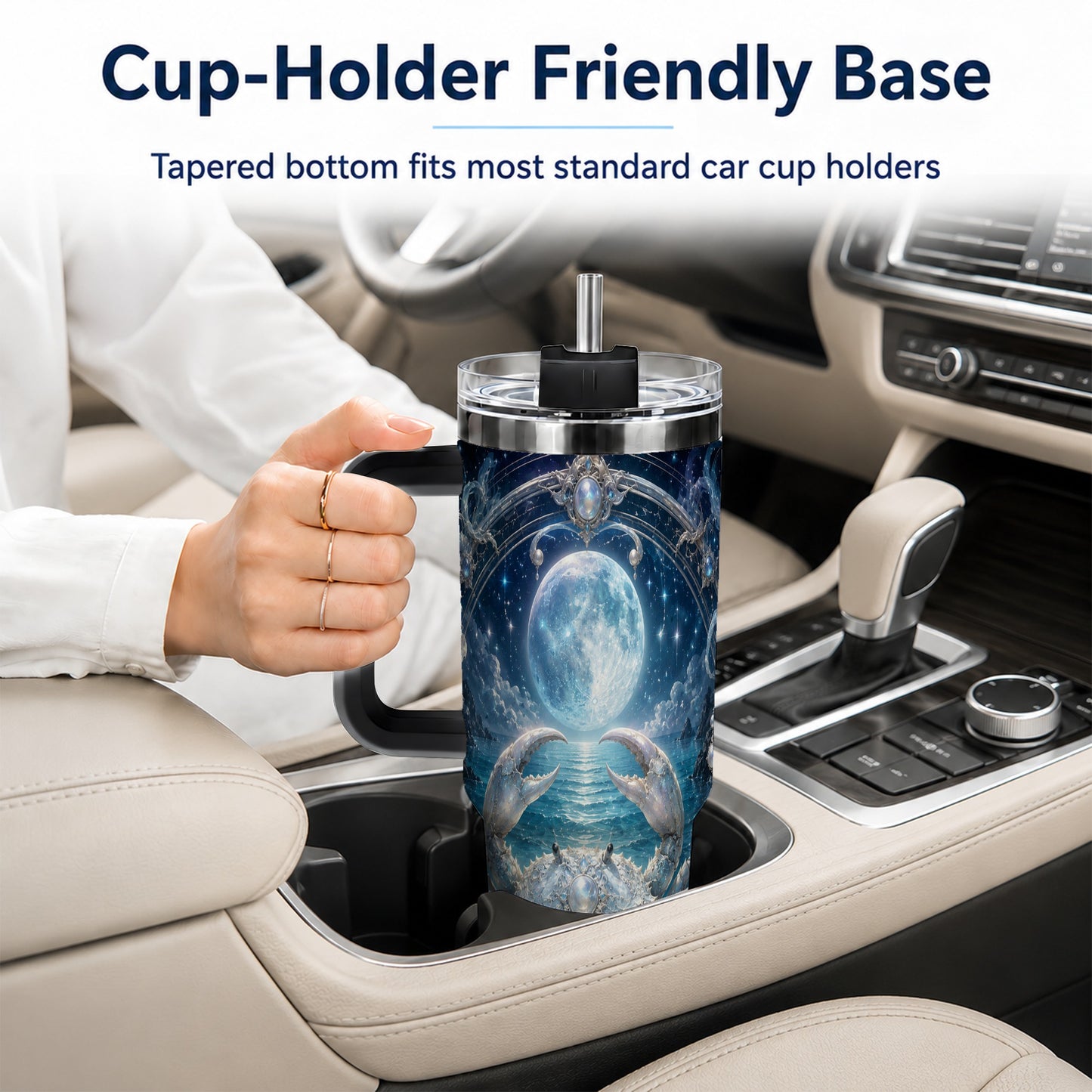 #pl[40oz|Black] Cancer Crab 40oz Tumbler with Handle, Moonlit Zodiac Celestial Art