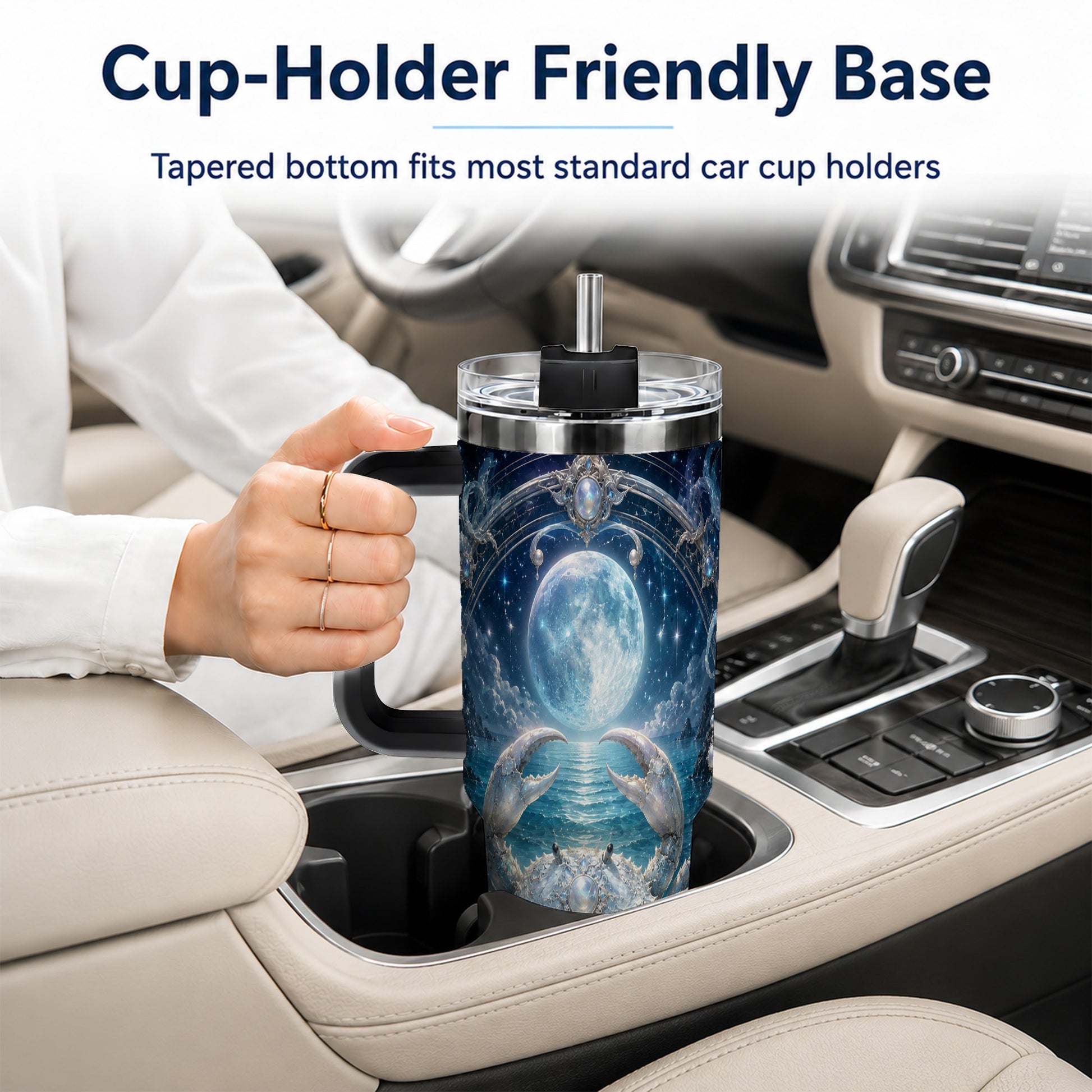 #pl[40oz|Black] Cancer Crab 40oz Tumbler with Handle, Moonlit Zodiac Celestial Art