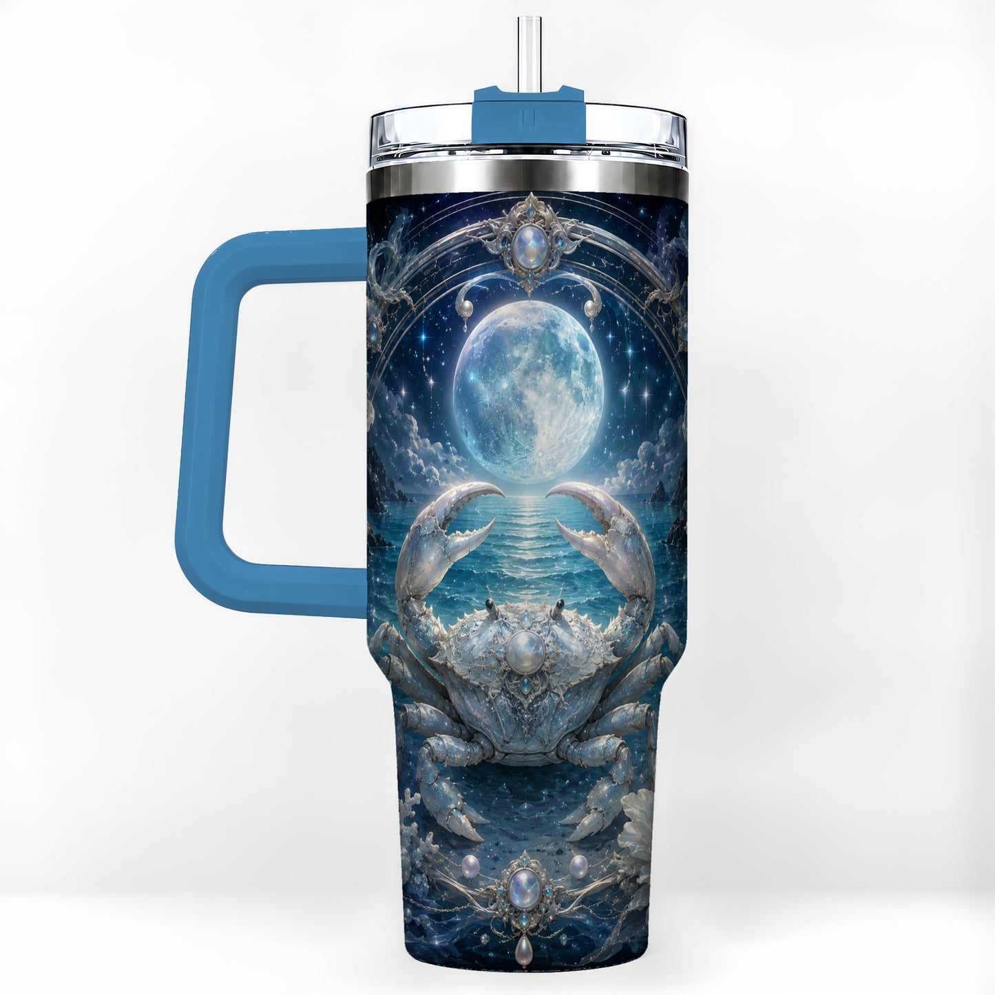 #pl[40oz|Blue] Cancer Crab 40oz Tumbler with Handle, Moonlit Zodiac Celestial Art
