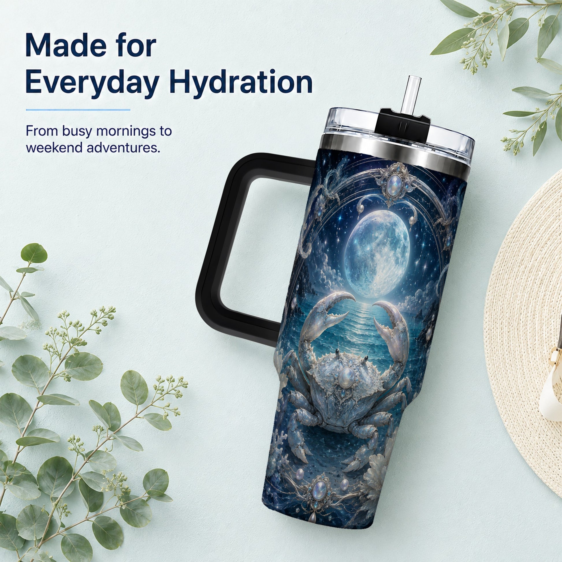 #pl[40oz|Black] Cancer Crab 40oz Tumbler with Handle, Moonlit Zodiac Celestial Art