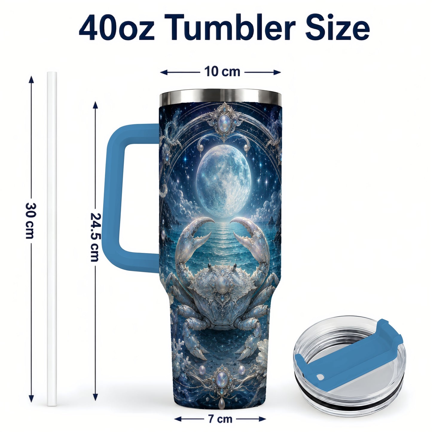 #pl[40oz|Blue] Cancer Crab 40oz Tumbler with Handle, Moonlit Zodiac Celestial Art