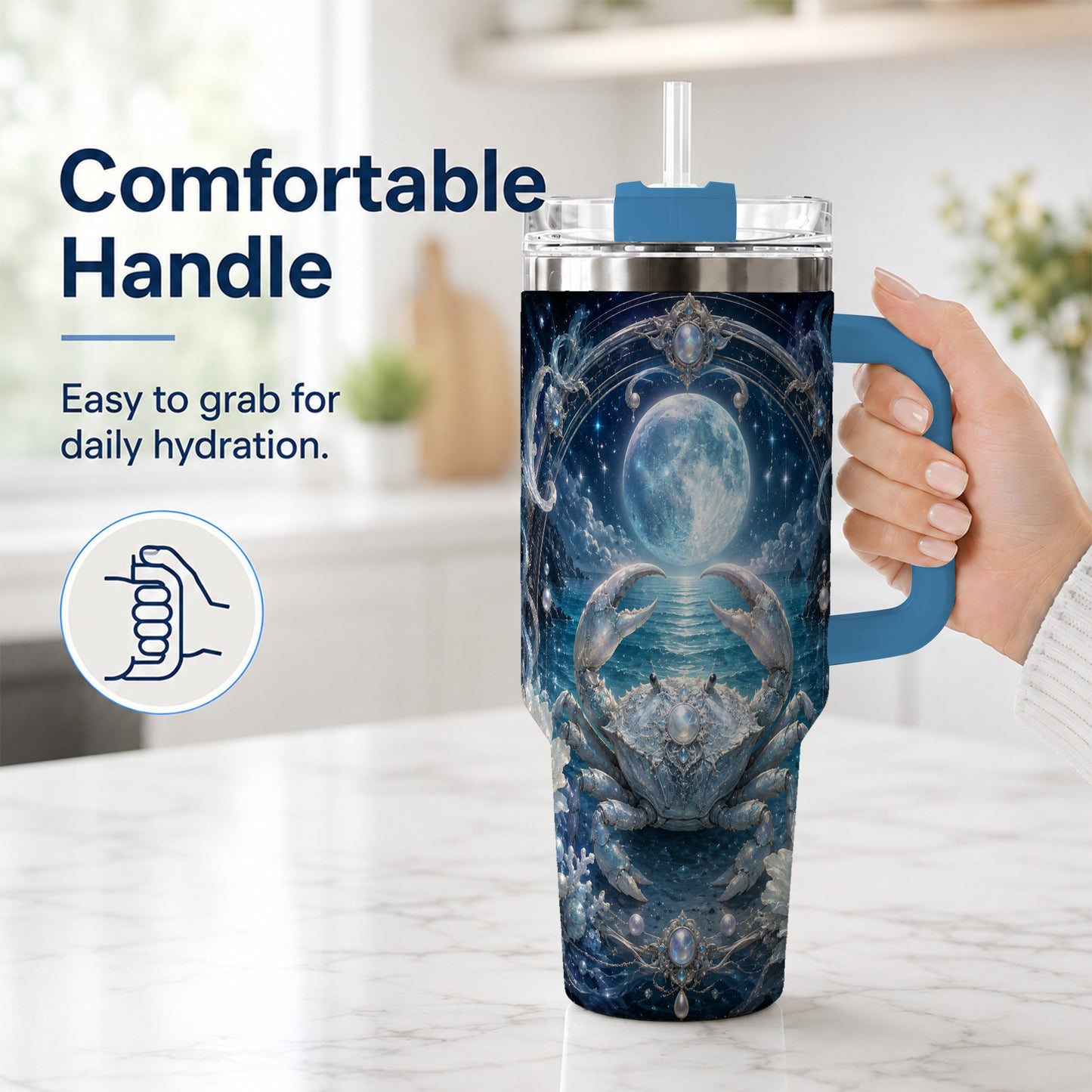 #pl[40oz|Blue] Cancer Crab 40oz Tumbler with Handle, Moonlit Zodiac Celestial Art