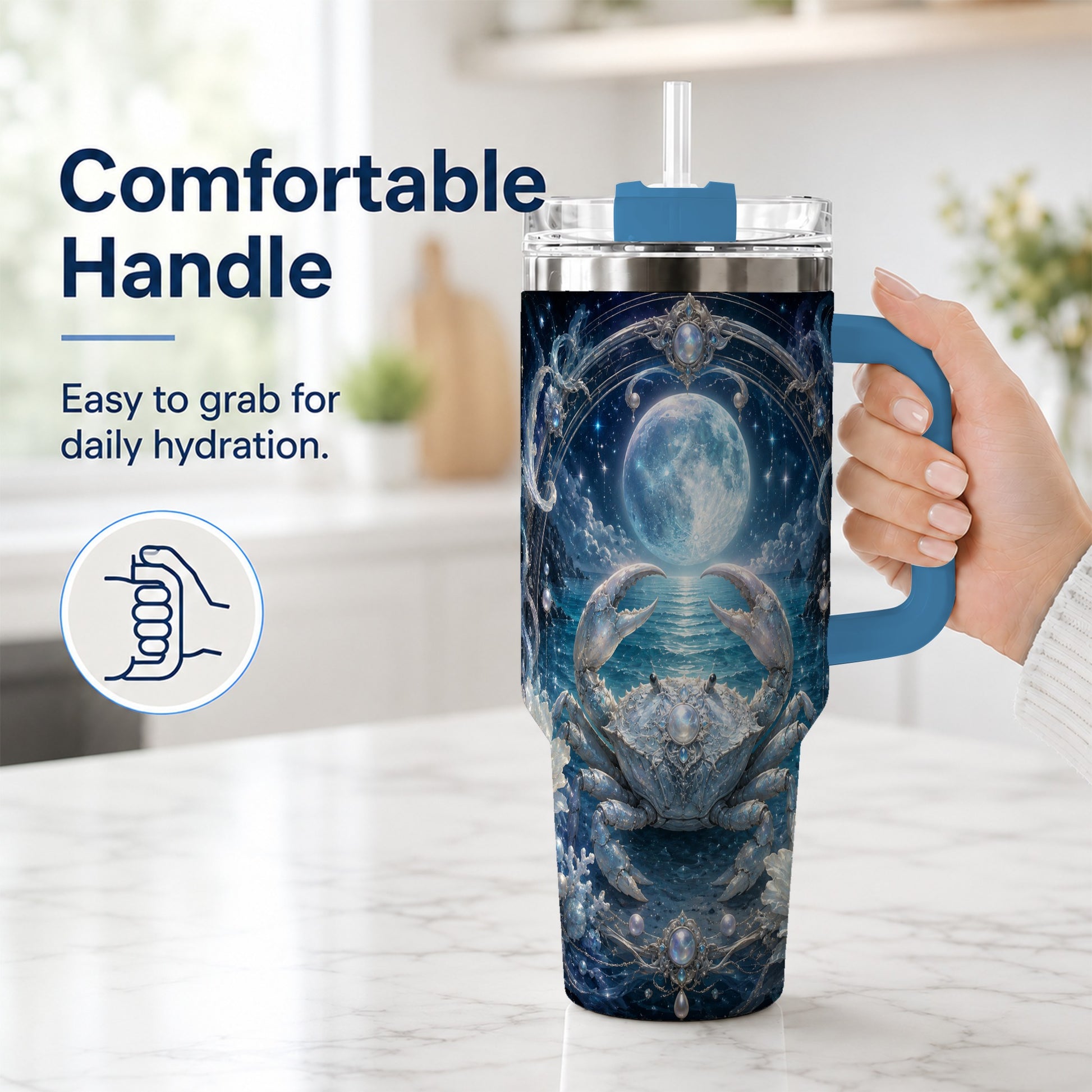#pl[40oz|Blue] Cancer Crab 40oz Tumbler with Handle, Moonlit Zodiac Celestial Art