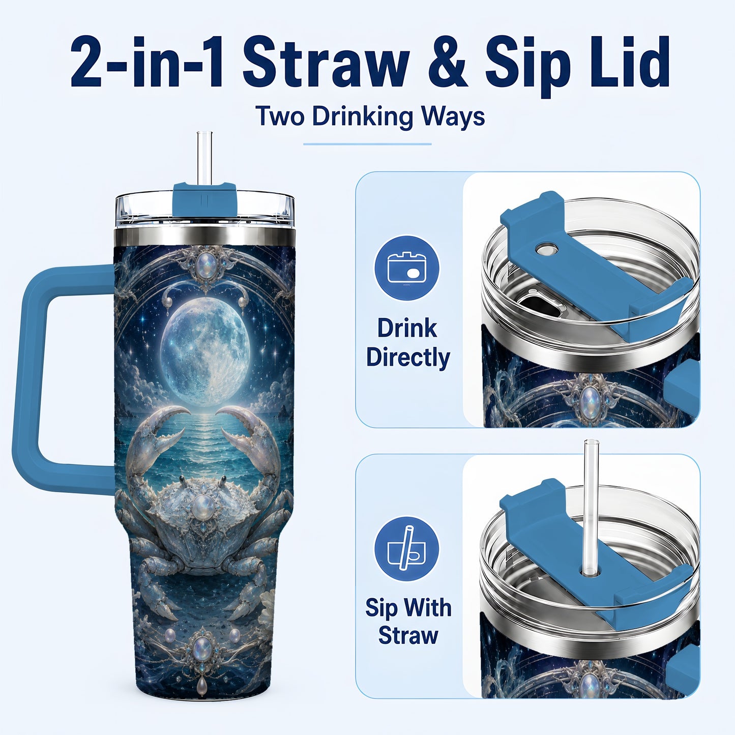 #pl[40oz|Blue] Cancer Crab 40oz Tumbler with Handle, Moonlit Zodiac Celestial Art