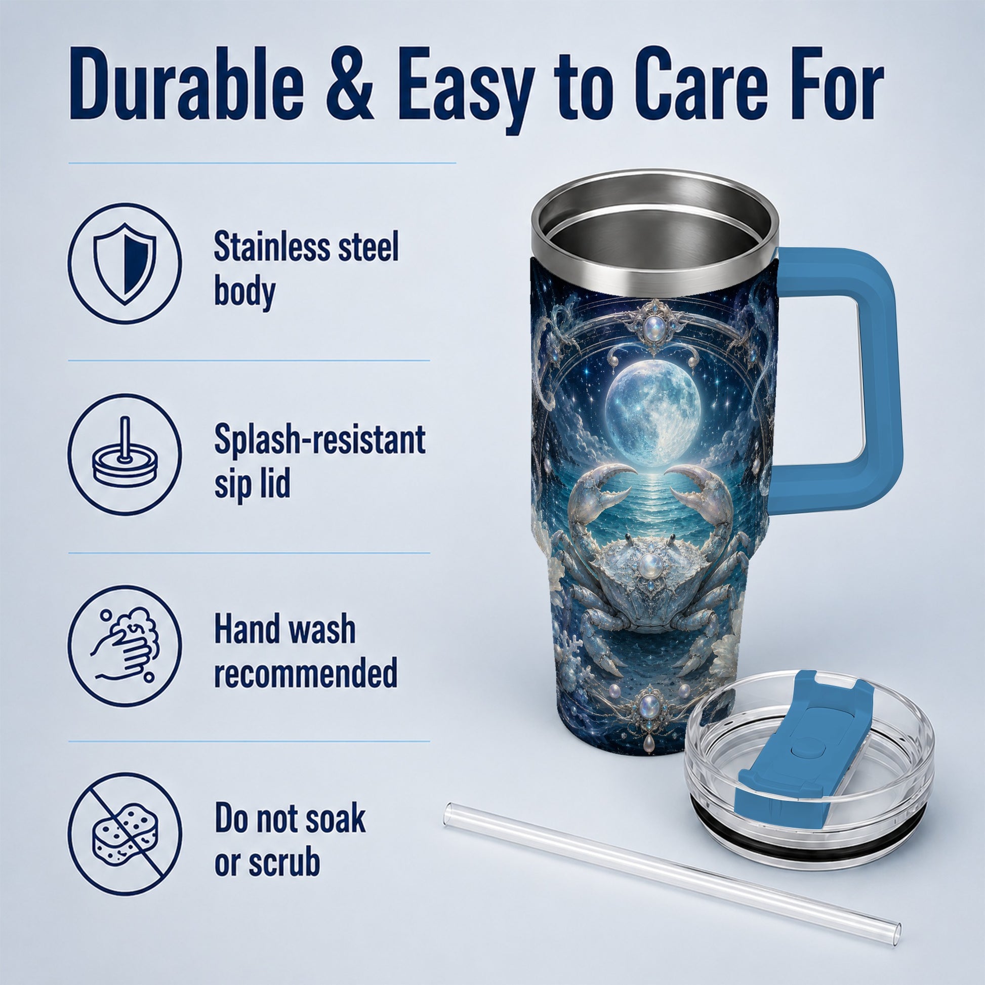 #pl[40oz|Blue] Cancer Crab 40oz Tumbler with Handle, Moonlit Zodiac Celestial Art