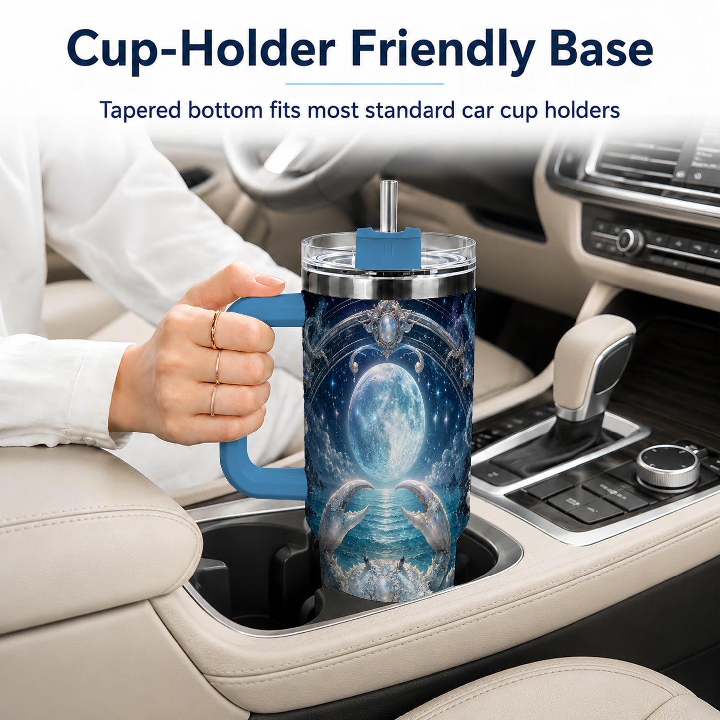 #pl[40oz|Blue] Cancer Crab 40oz Tumbler with Handle, Moonlit Zodiac Celestial Art