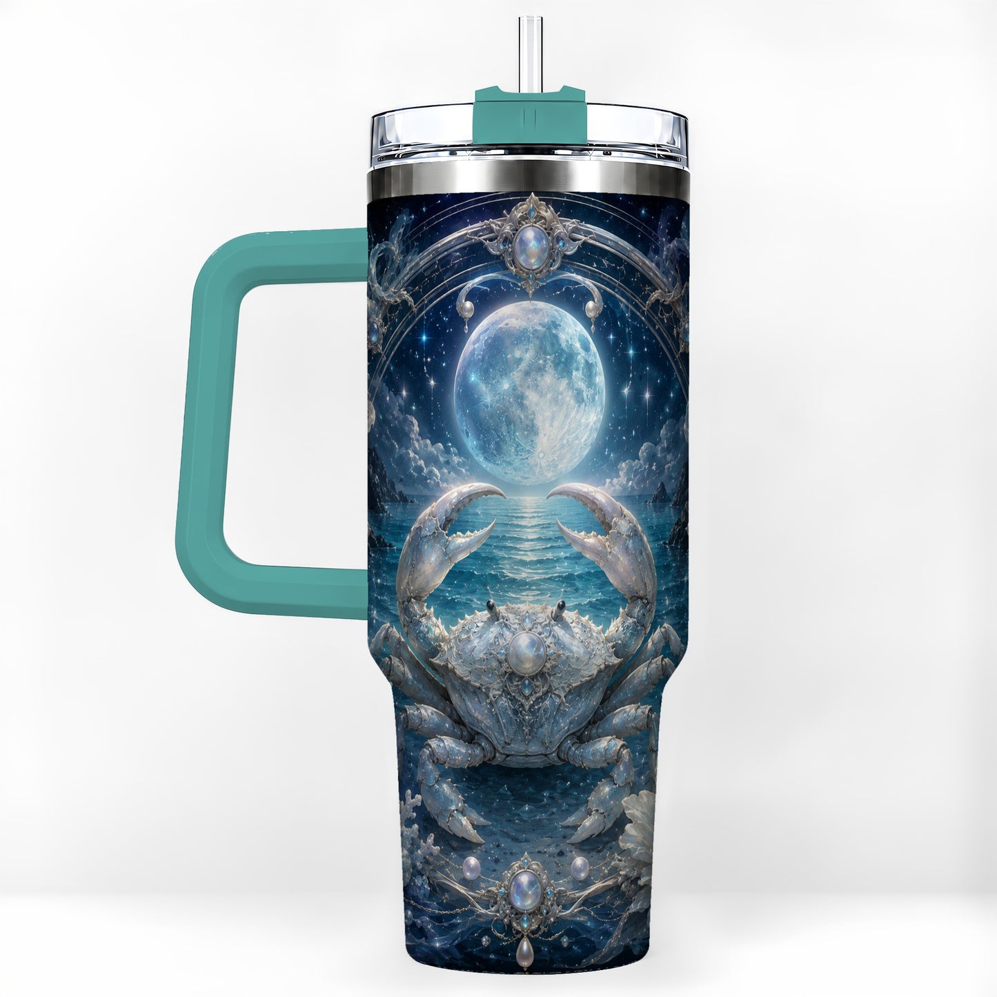 #pl[40oz|Green] Cancer Crab 40oz Tumbler with Handle, Moonlit Zodiac Celestial Art