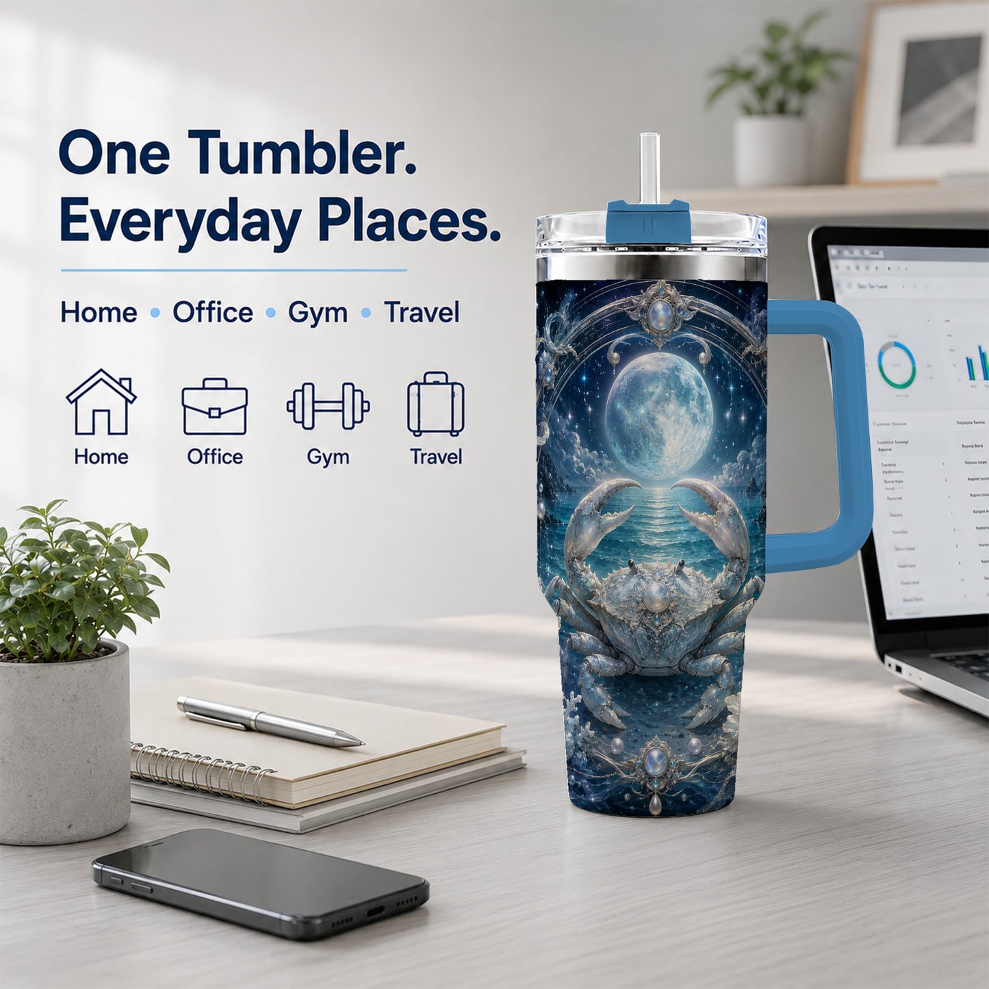 #pl[40oz|Blue] Cancer Crab 40oz Tumbler with Handle, Moonlit Zodiac Celestial Art