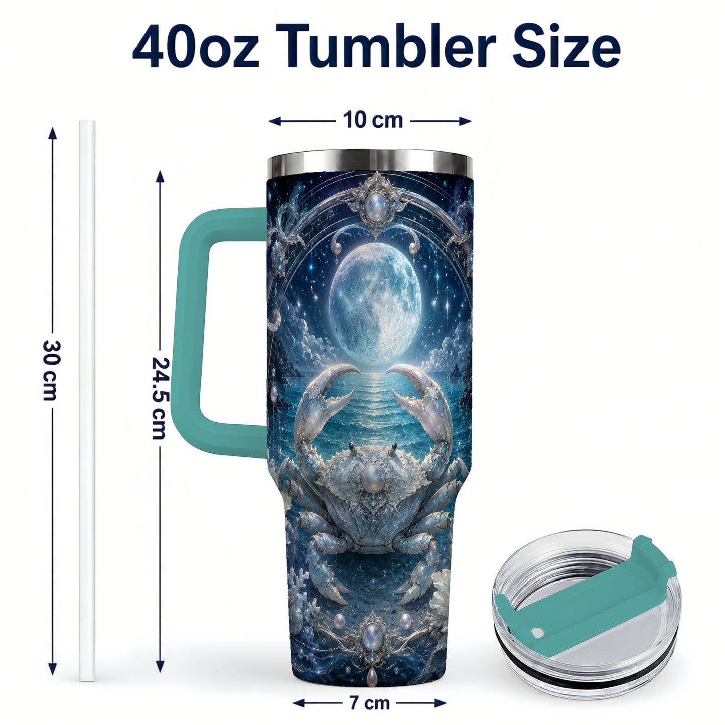 #pl[40oz|Green] Cancer Crab 40oz Tumbler with Handle, Moonlit Zodiac Celestial Art