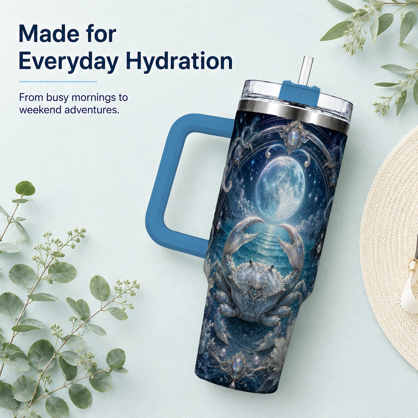 #pl[40oz|Blue] Cancer Crab 40oz Tumbler with Handle, Moonlit Zodiac Celestial Art