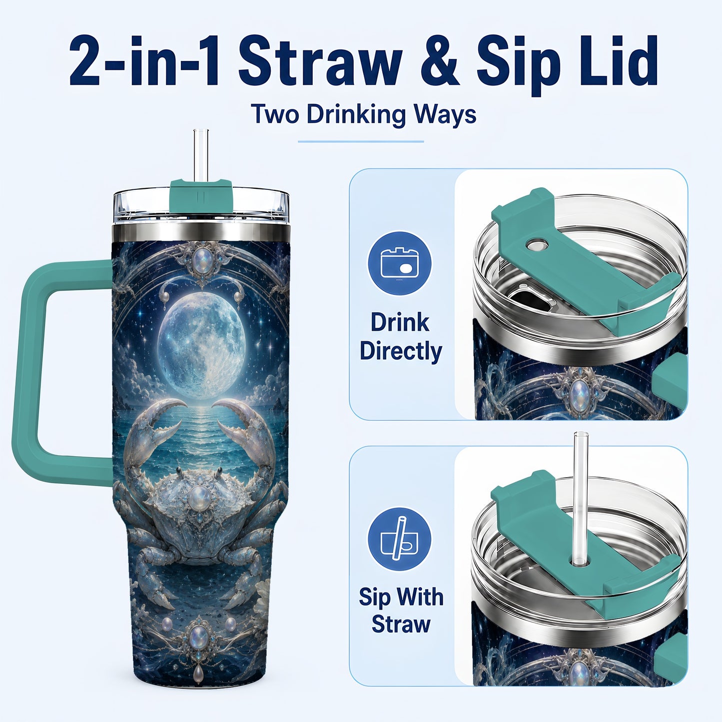 #pl[40oz|Green] Cancer Crab 40oz Tumbler with Handle, Moonlit Zodiac Celestial Art