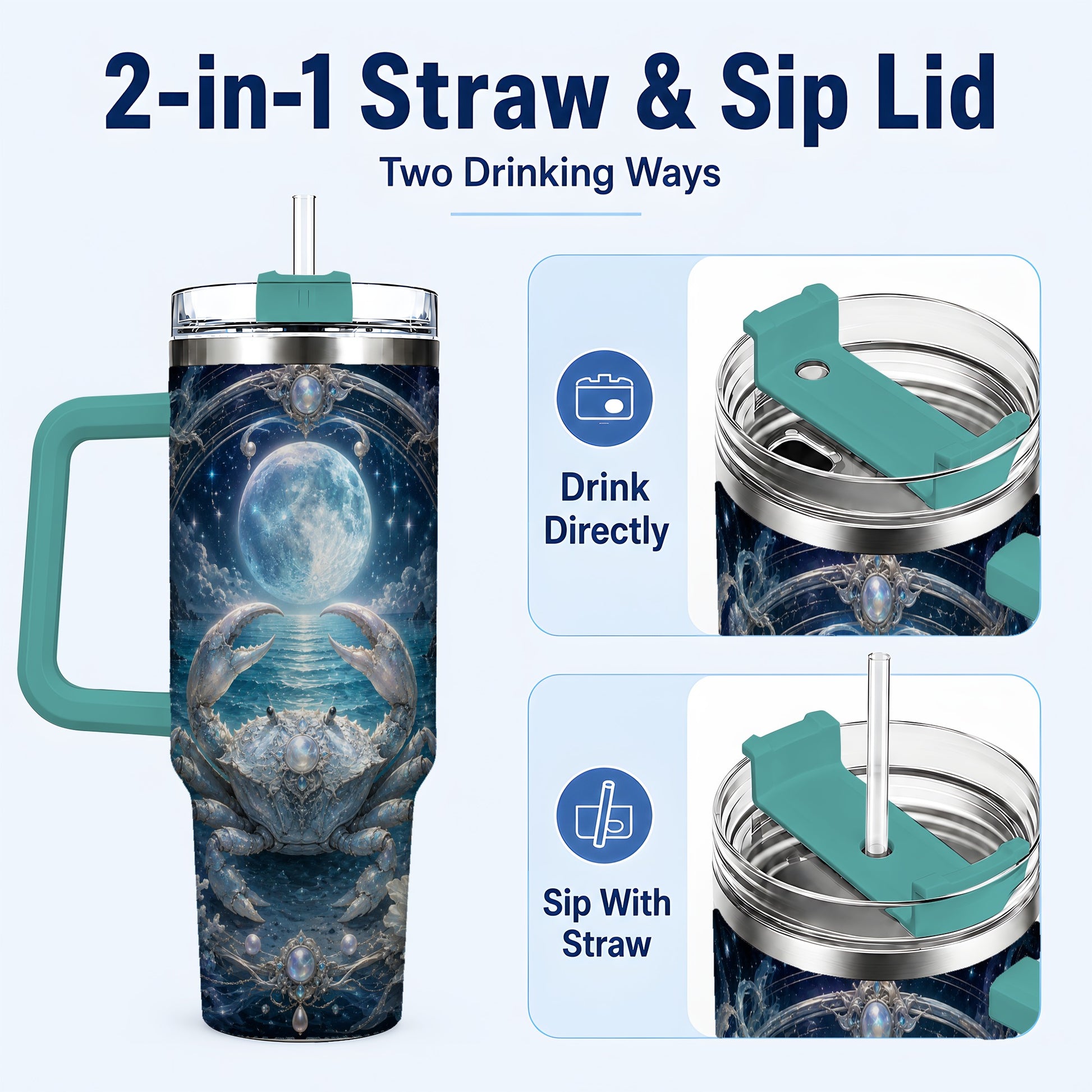#pl[40oz|Green] Cancer Crab 40oz Tumbler with Handle, Moonlit Zodiac Celestial Art