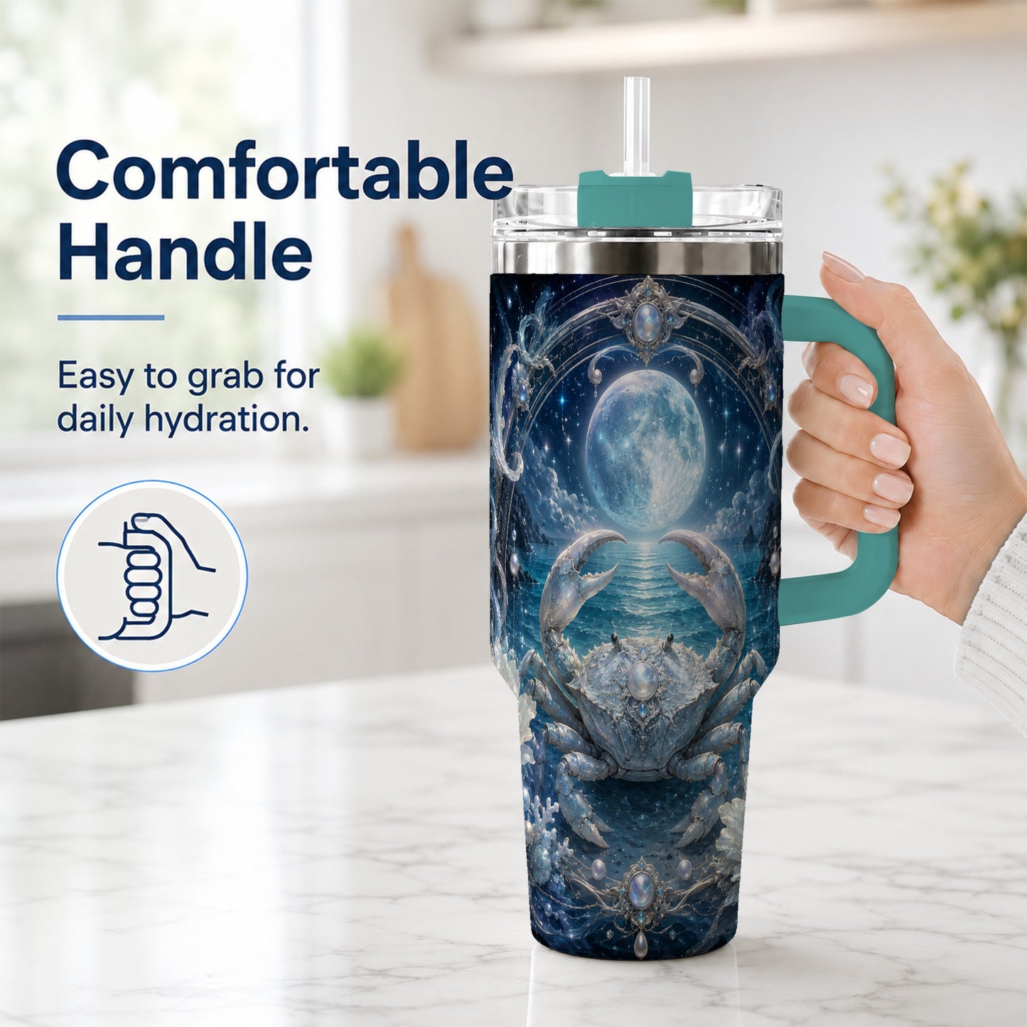 #pl[40oz|Green] Cancer Crab 40oz Tumbler with Handle, Moonlit Zodiac Celestial Art