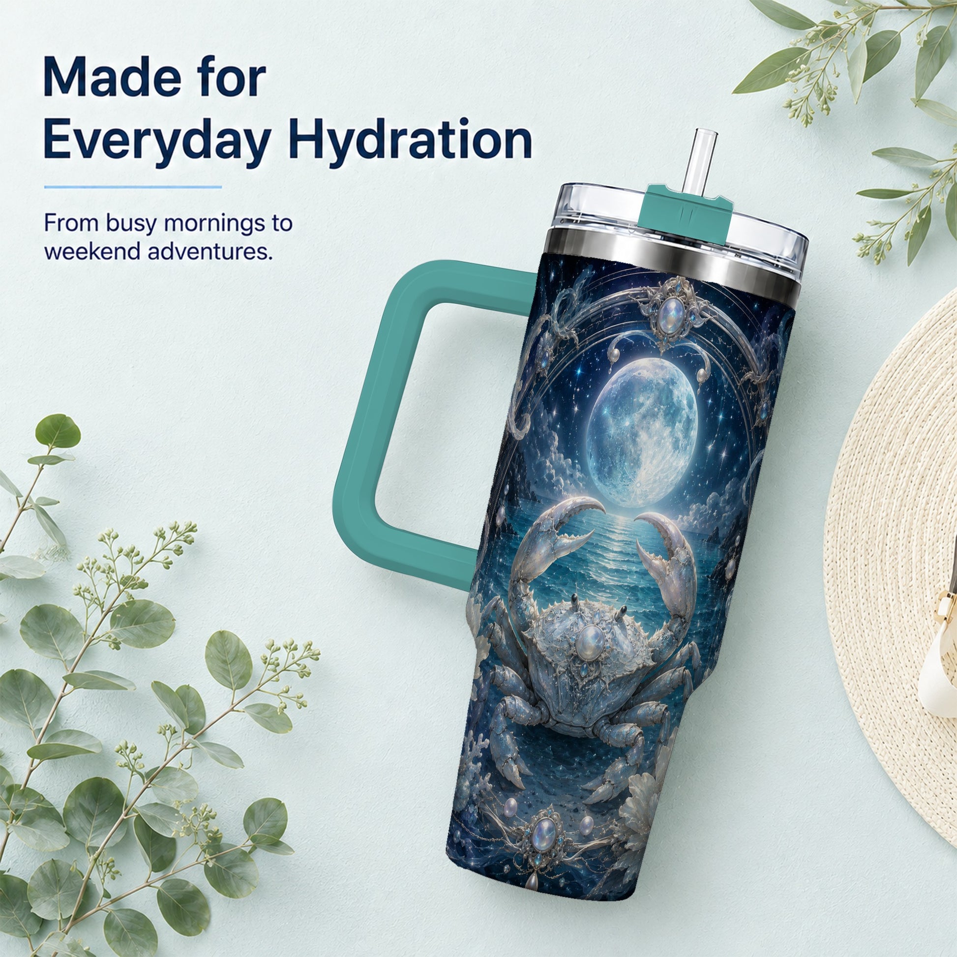#pl[40oz|Green] Cancer Crab 40oz Tumbler with Handle, Moonlit Zodiac Celestial Art