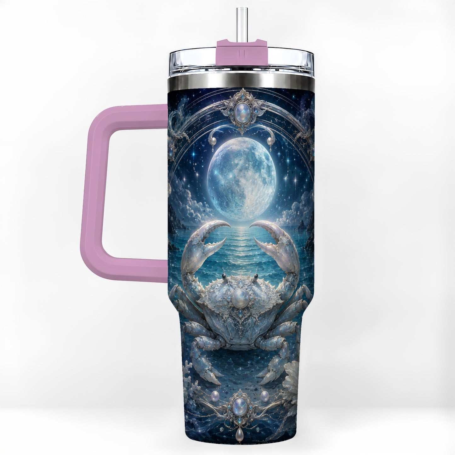 #pl[40oz|Pink] Cancer Crab 40oz Tumbler with Handle, Moonlit Zodiac Celestial Art
