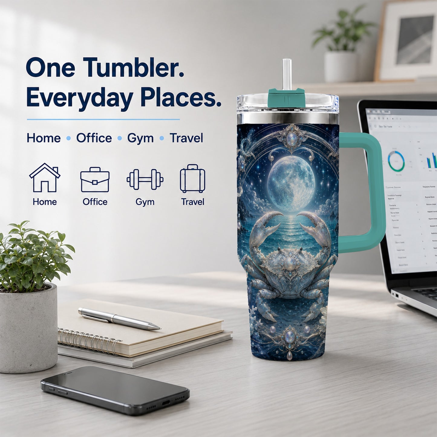 #pl[40oz|Green] Cancer Crab 40oz Tumbler with Handle, Moonlit Zodiac Celestial Art