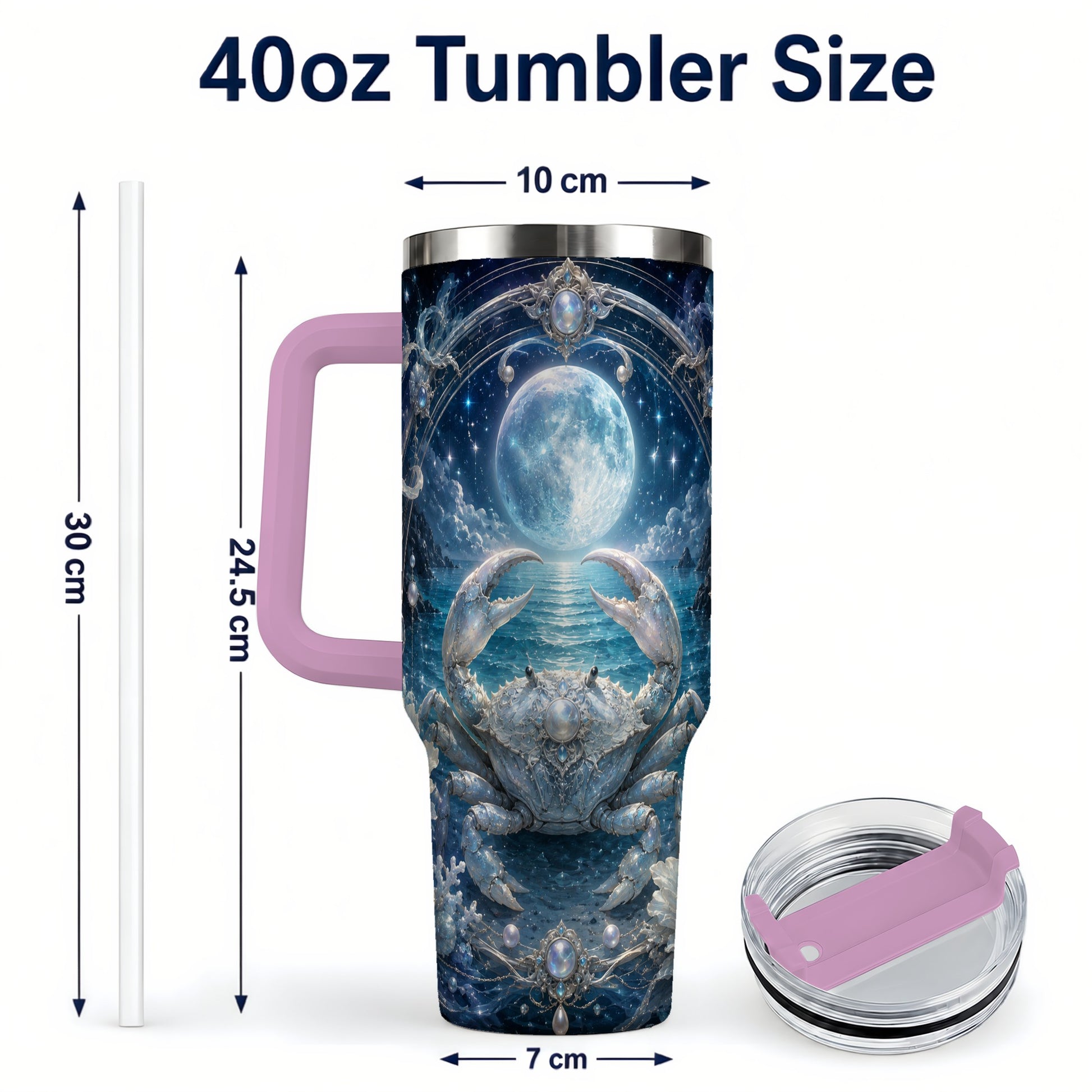 #pl[40oz|Pink] Cancer Crab 40oz Tumbler with Handle, Moonlit Zodiac Celestial Art