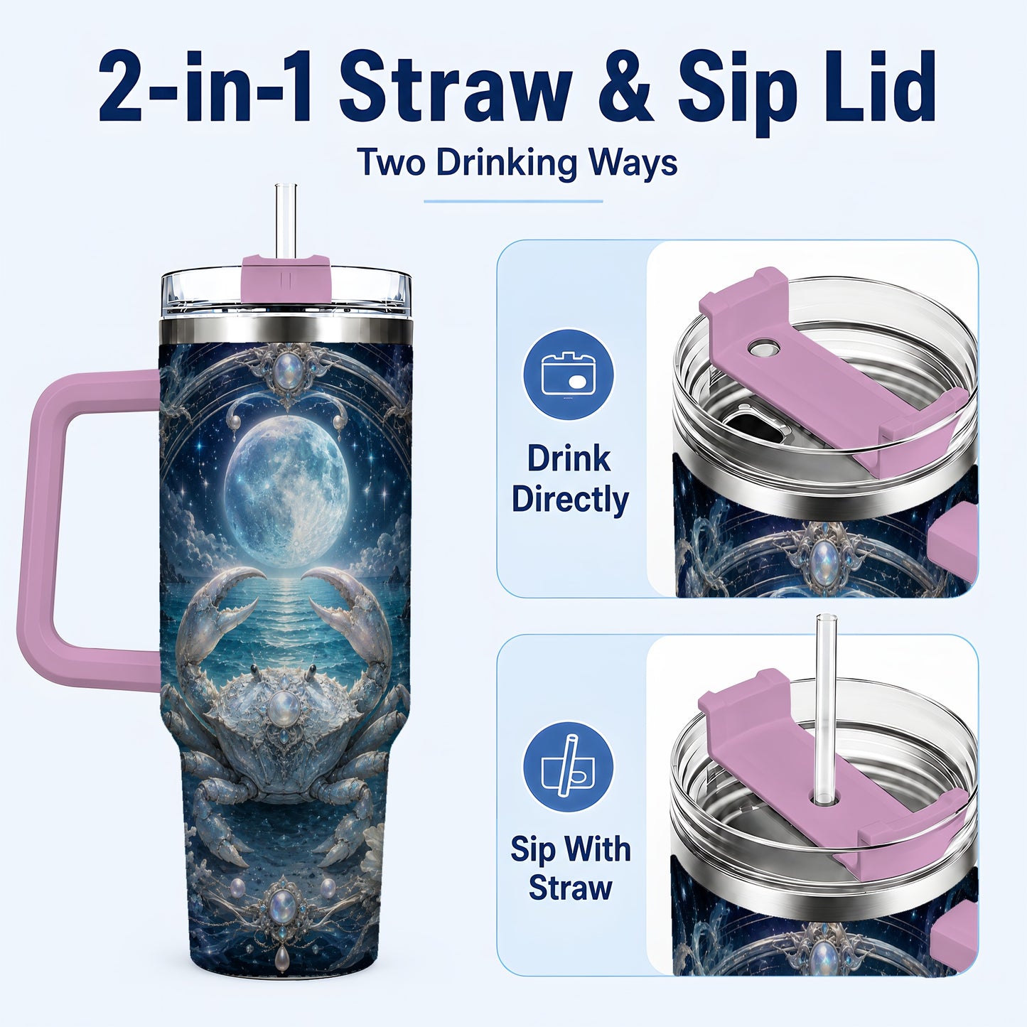 #pl[40oz|Pink] Cancer Crab 40oz Tumbler with Handle, Moonlit Zodiac Celestial Art