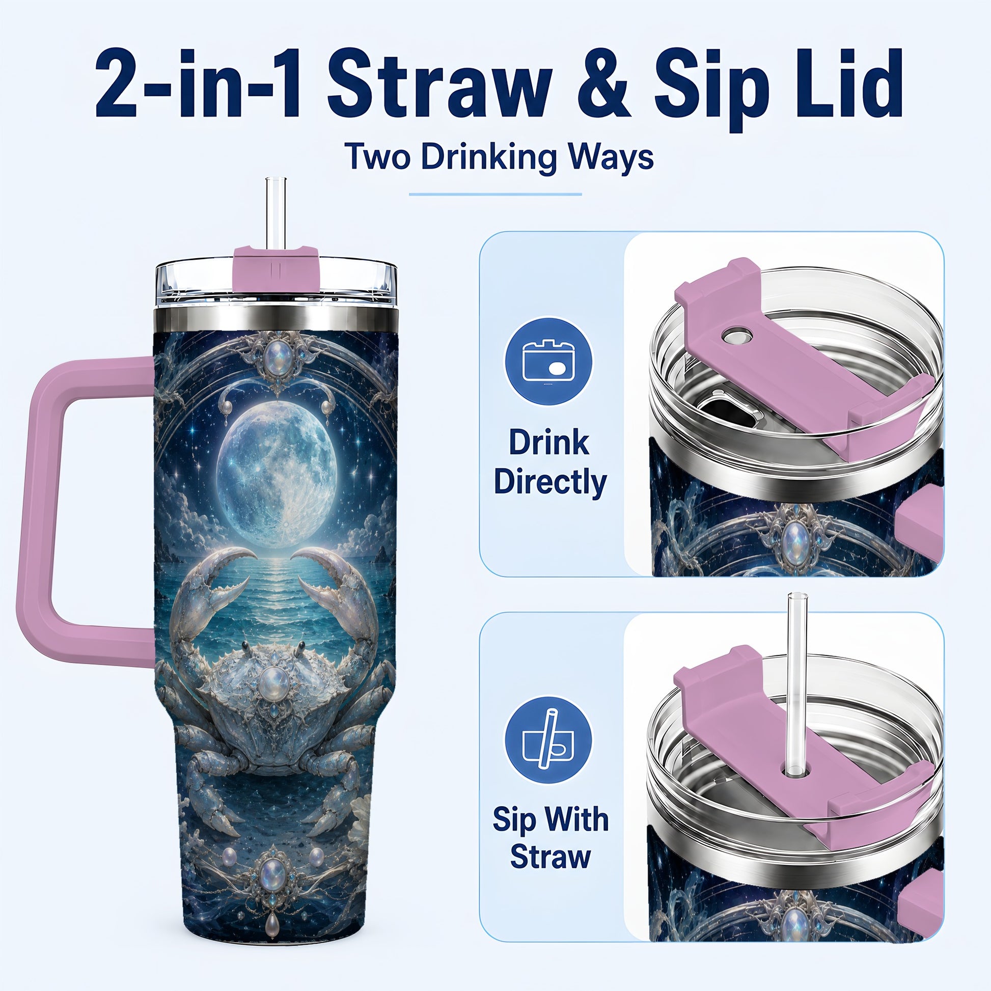 #pl[40oz|Pink] Cancer Crab 40oz Tumbler with Handle, Moonlit Zodiac Celestial Art