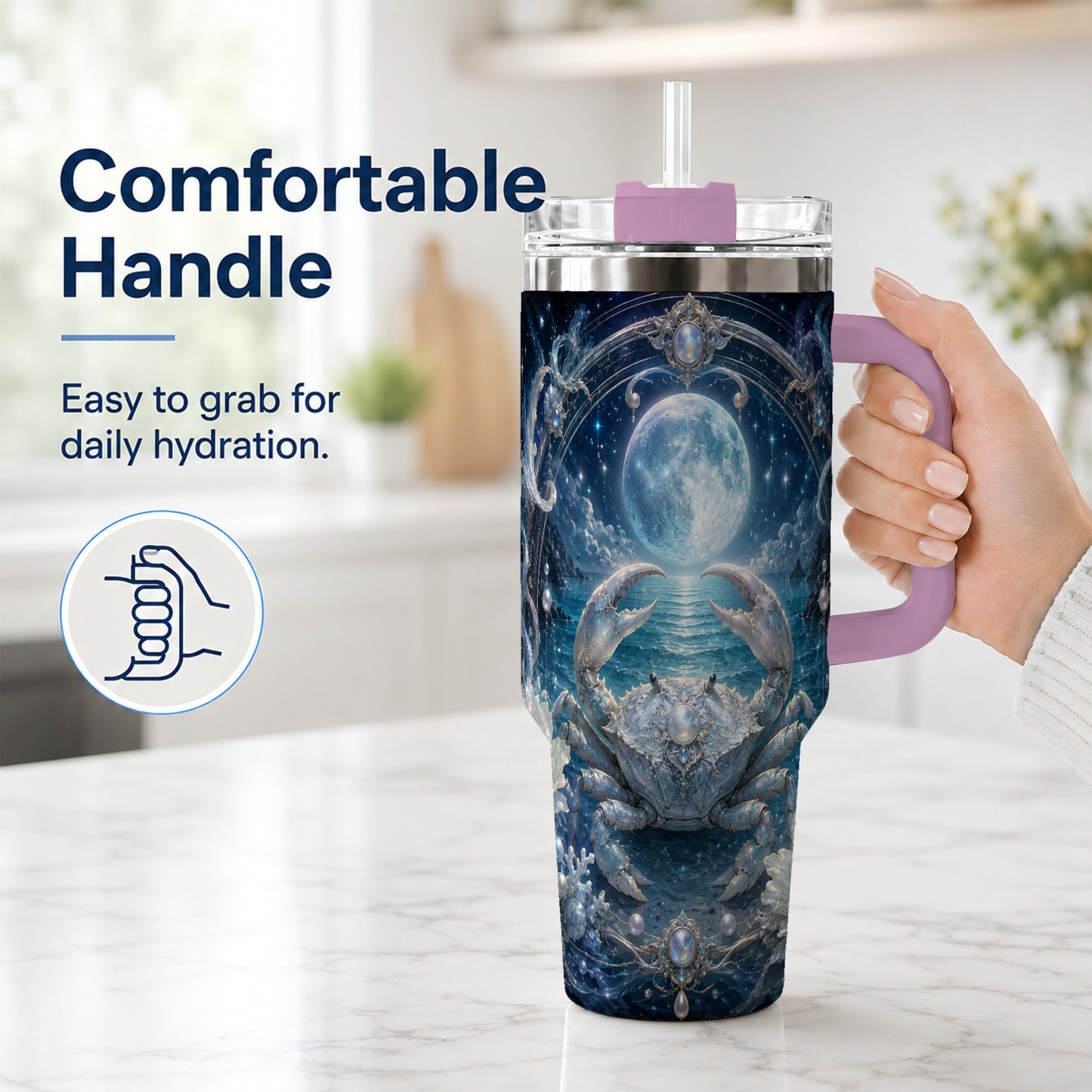 #pl[40oz|Pink] Cancer Crab 40oz Tumbler with Handle, Moonlit Zodiac Celestial Art