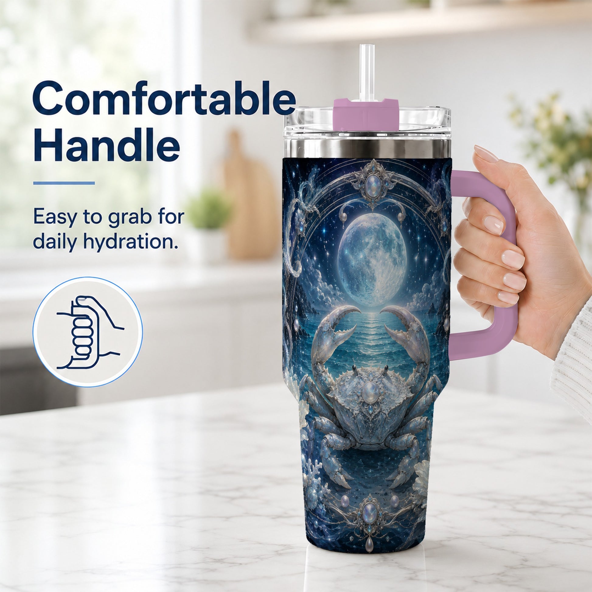 #pl[40oz|Pink] Cancer Crab 40oz Tumbler with Handle, Moonlit Zodiac Celestial Art