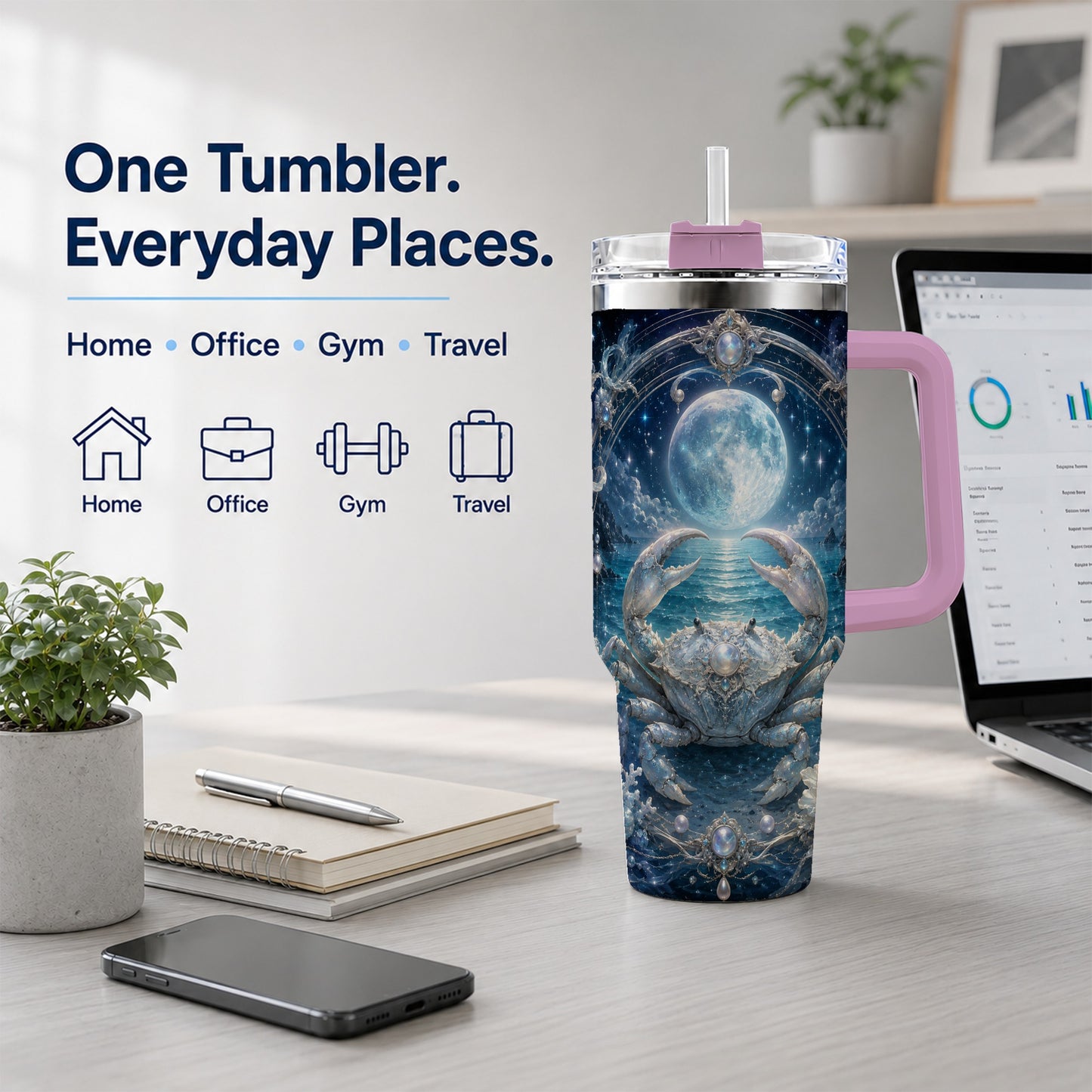 #pl[40oz|Pink] Cancer Crab 40oz Tumbler with Handle, Moonlit Zodiac Celestial Art