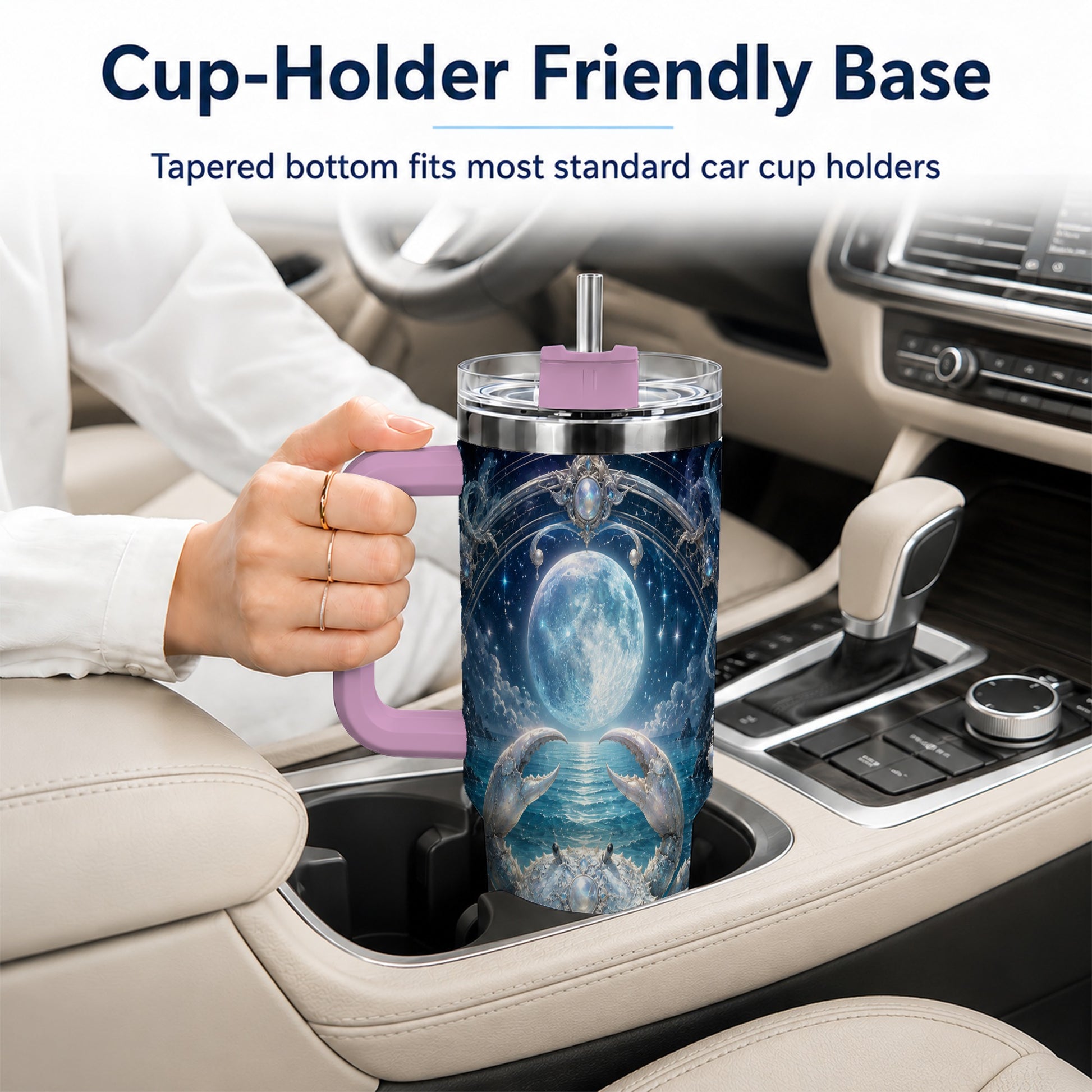 #pl[40oz|Pink] Cancer Crab 40oz Tumbler with Handle, Moonlit Zodiac Celestial Art