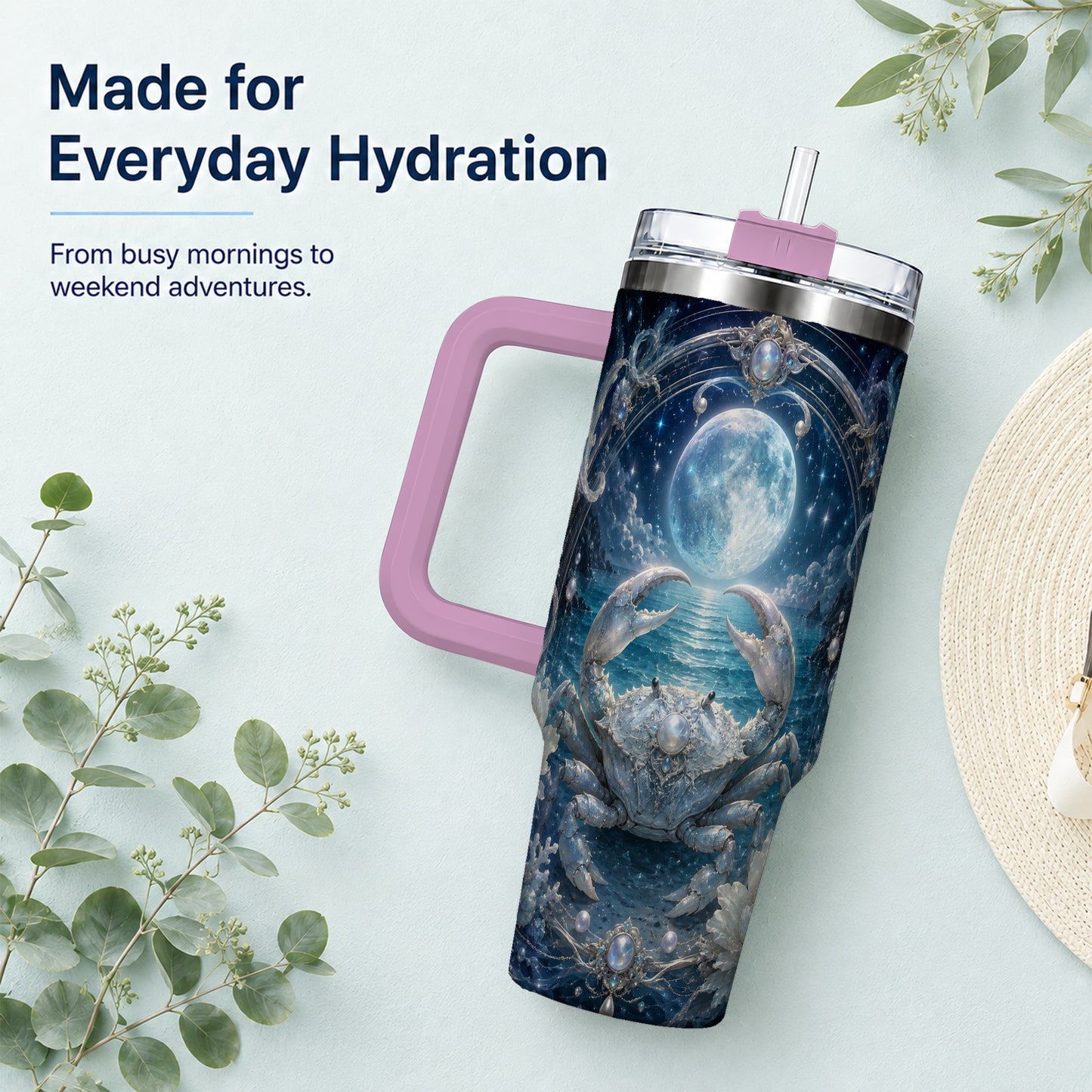 #pl[40oz|Pink] Cancer Crab 40oz Tumbler with Handle, Moonlit Zodiac Celestial Art