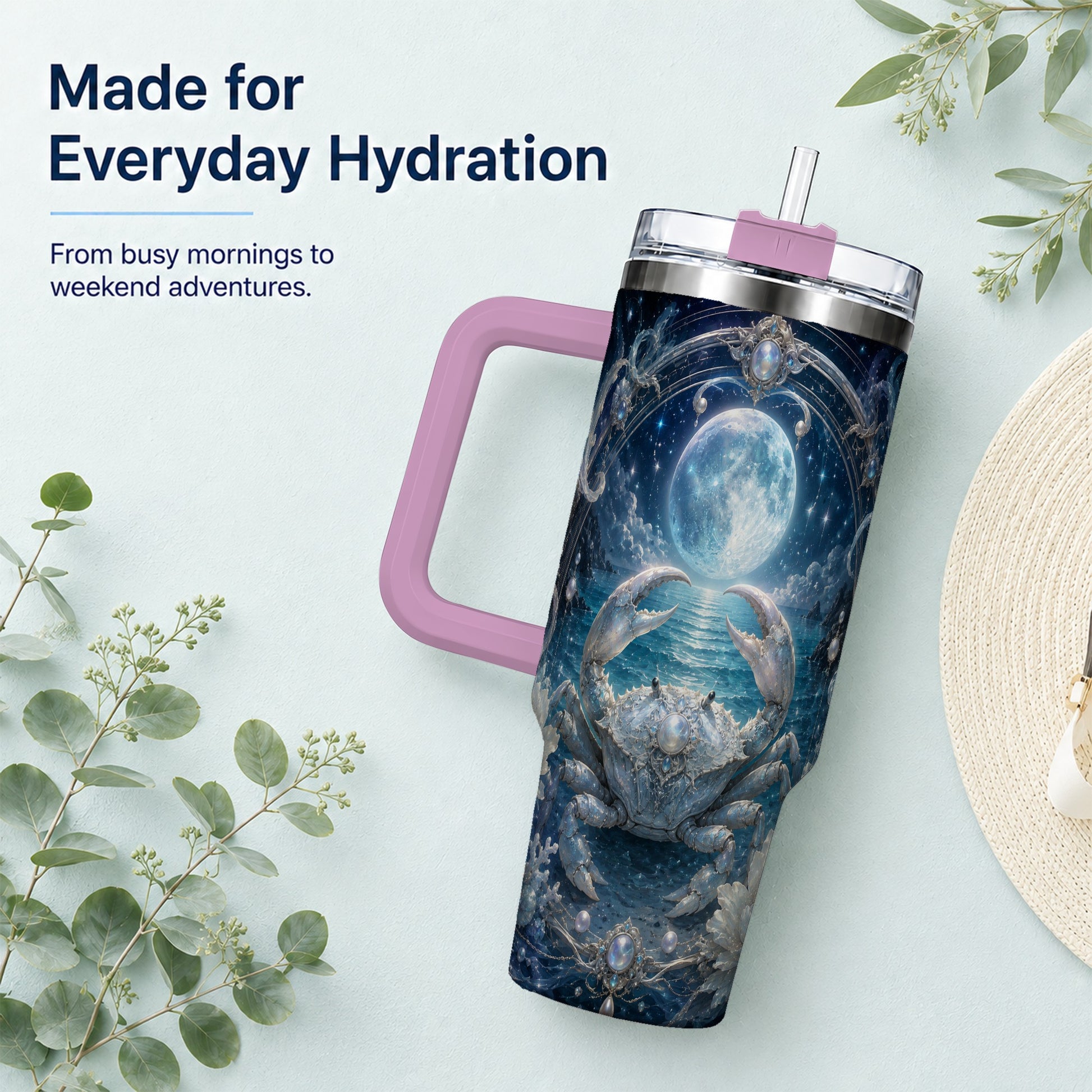#pl[40oz|Pink] Cancer Crab 40oz Tumbler with Handle, Moonlit Zodiac Celestial Art