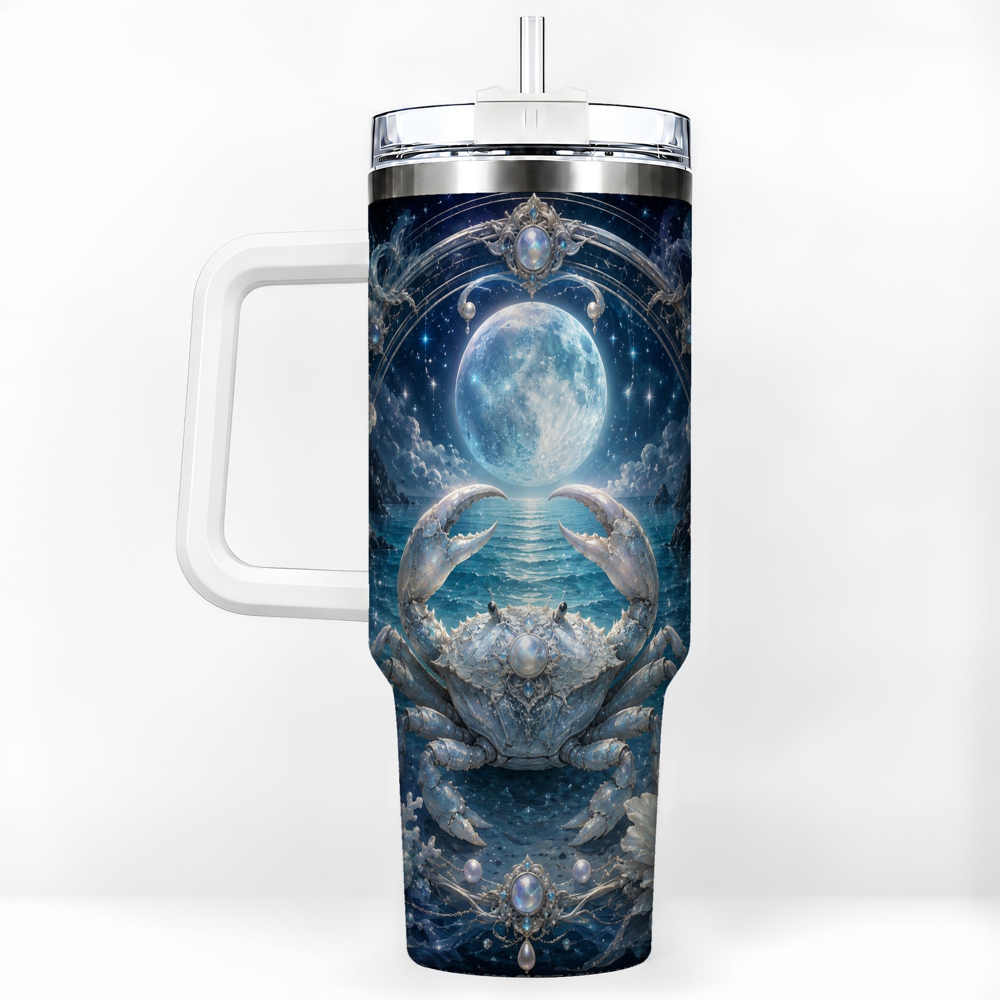 Cancer Crab 40oz Tumbler with Handle, Moonlit Zodiac Celestial Art