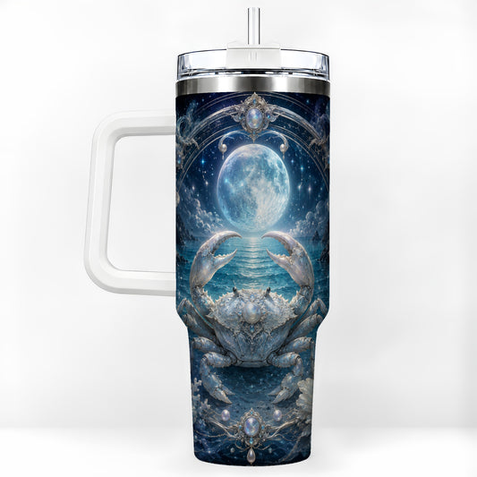 Cancer Crab 40oz Tumbler with Handle, Moonlit Zodiac Celestial Art