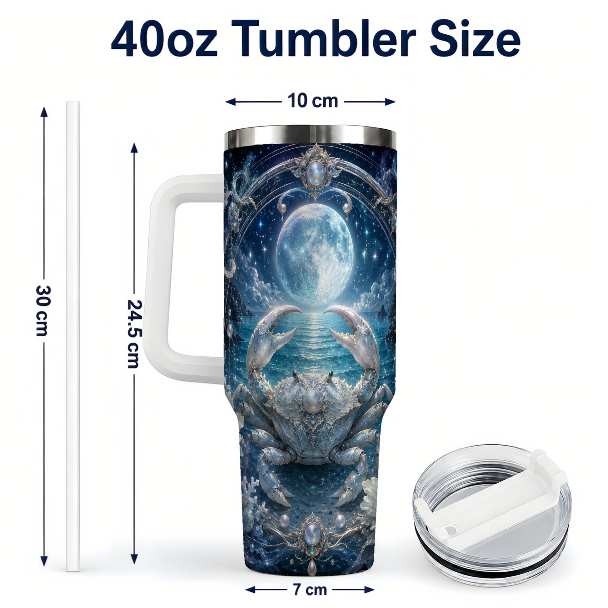 #pl[40oz|White] Cancer Crab 40oz Tumbler with Handle, Moonlit Zodiac Celestial Art