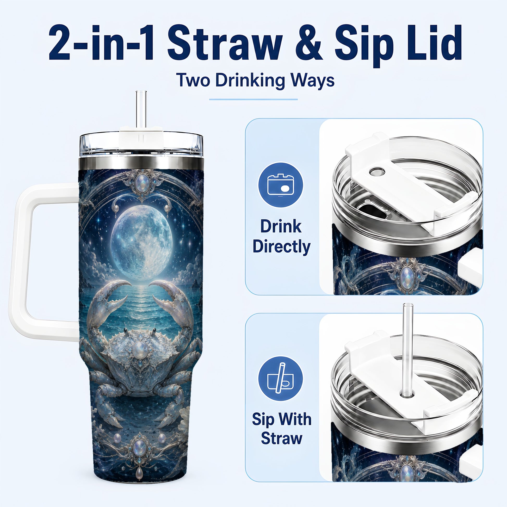 #pl[40oz|White] Cancer Crab 40oz Tumbler with Handle, Moonlit Zodiac Celestial Art