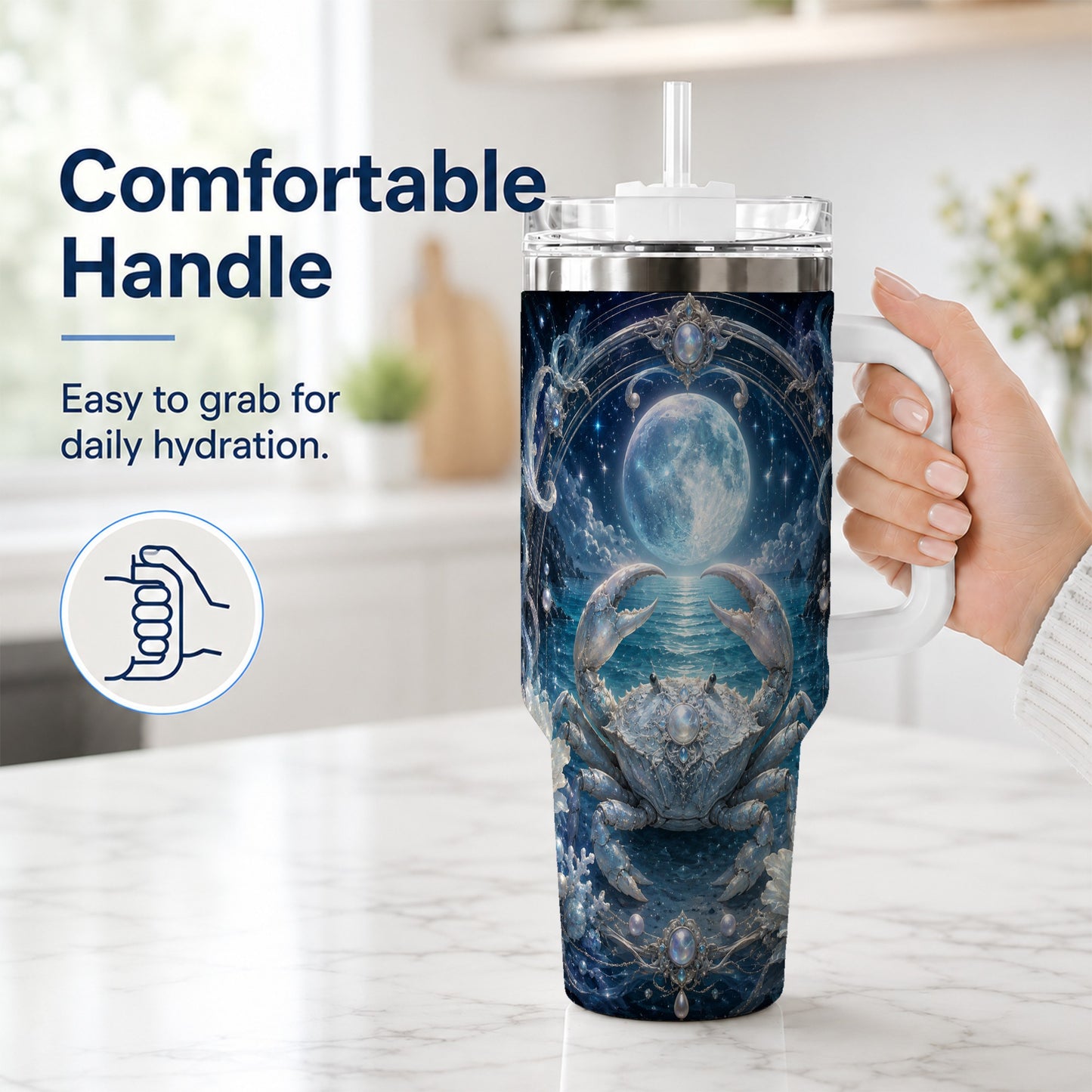 #pl[40oz|White] Cancer Crab 40oz Tumbler with Handle, Moonlit Zodiac Celestial Art