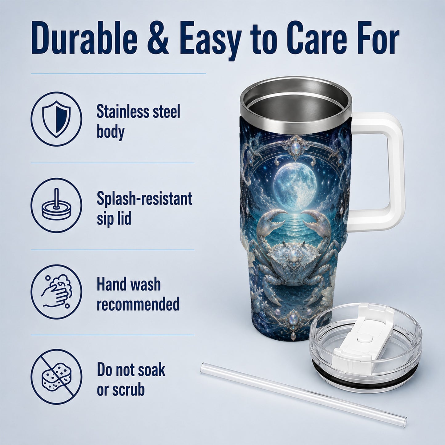 #pl[40oz|White] Cancer Crab 40oz Tumbler with Handle, Moonlit Zodiac Celestial Art