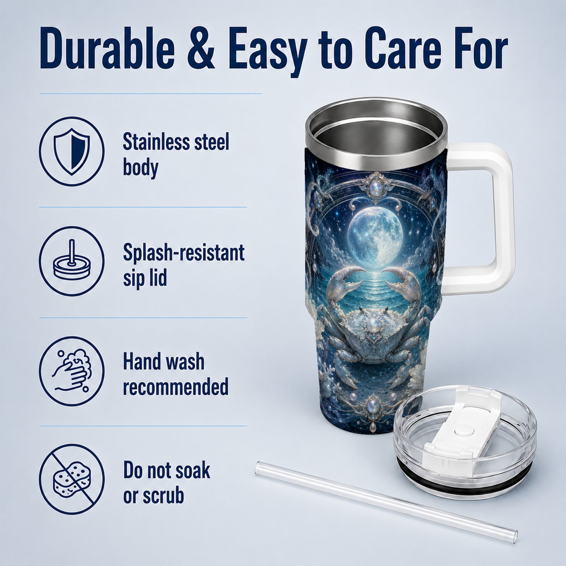 #pl[40oz|White] Cancer Crab 40oz Tumbler with Handle, Moonlit Zodiac Celestial Art