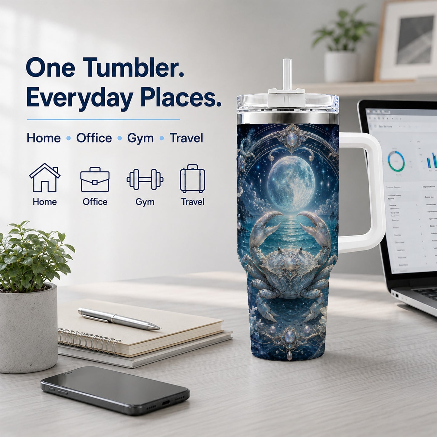#pl[40oz|White] Cancer Crab 40oz Tumbler with Handle, Moonlit Zodiac Celestial Art