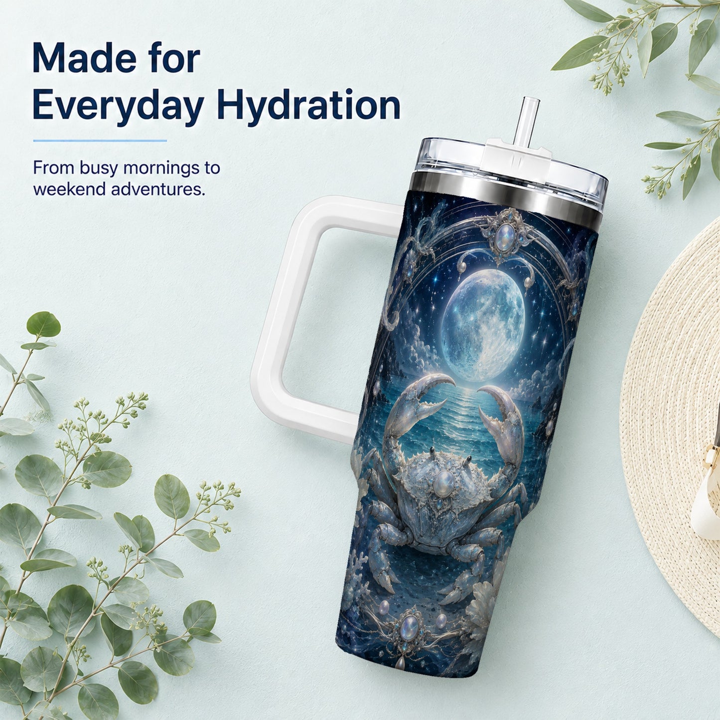 #pl[40oz|White] Cancer Crab 40oz Tumbler with Handle, Moonlit Zodiac Celestial Art