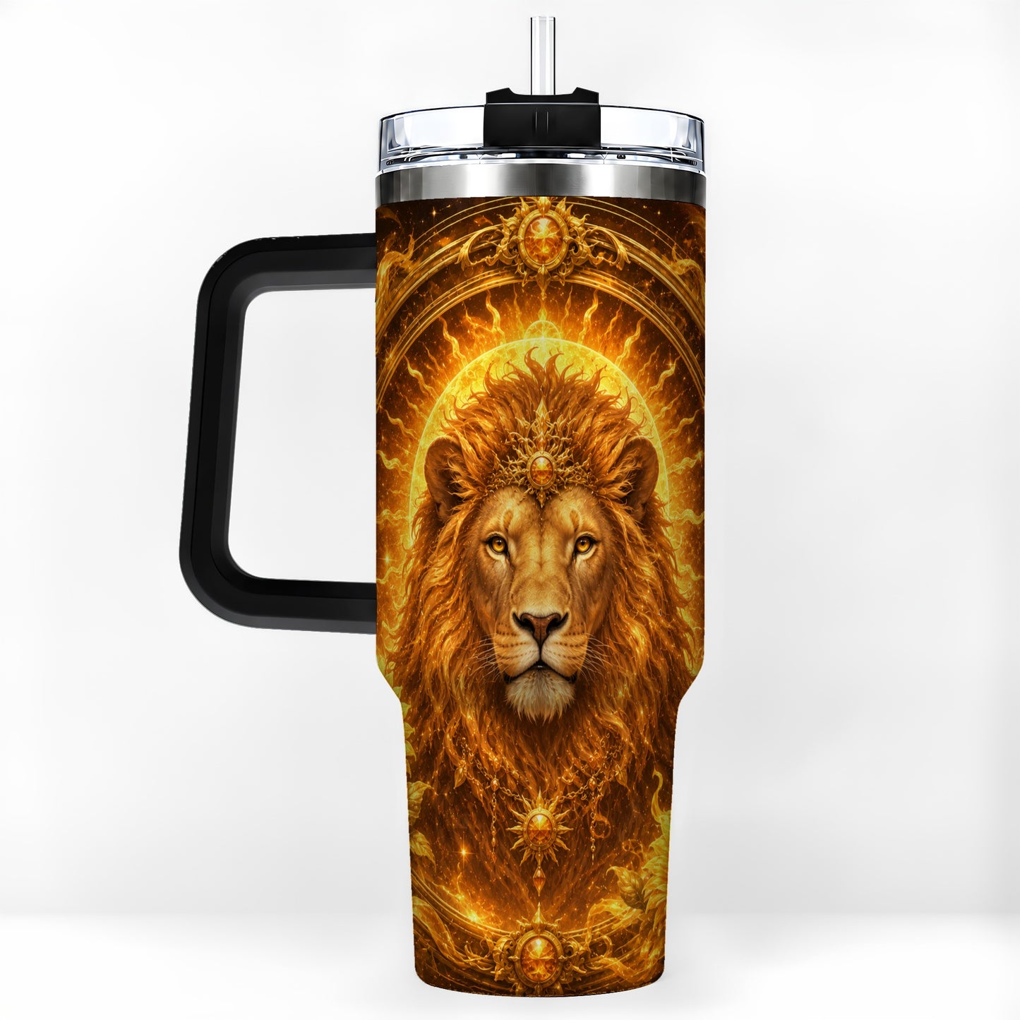 #pl[40oz|Black] Leo Lion 40oz Tumbler with Handle, Solar Zodiac Celestial Art