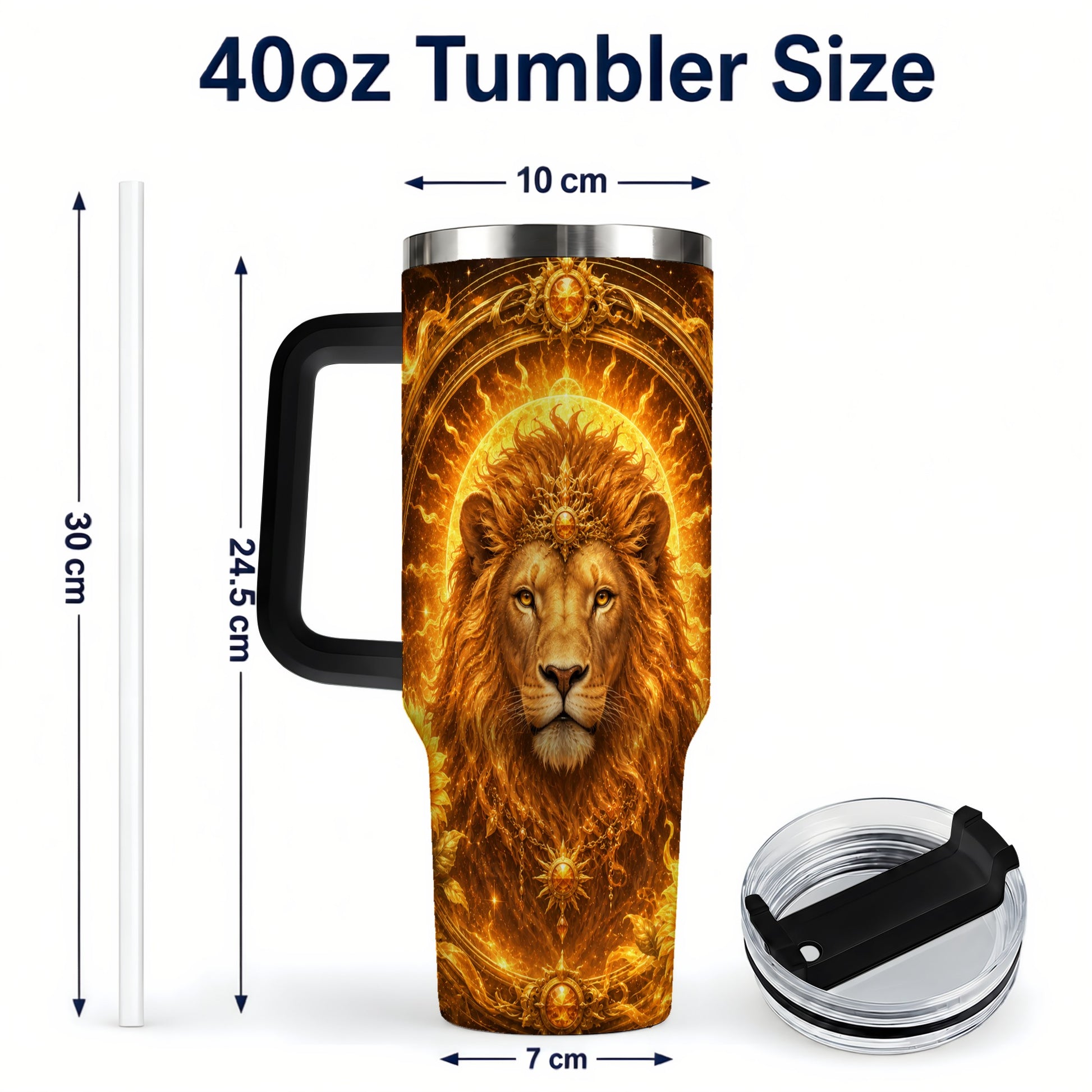 #pl[40oz|Black] Leo Lion 40oz Tumbler with Handle, Solar Zodiac Celestial Art