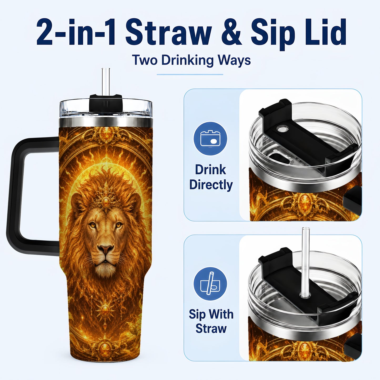 #pl[40oz|Black] Leo Lion 40oz Tumbler with Handle, Solar Zodiac Celestial Art