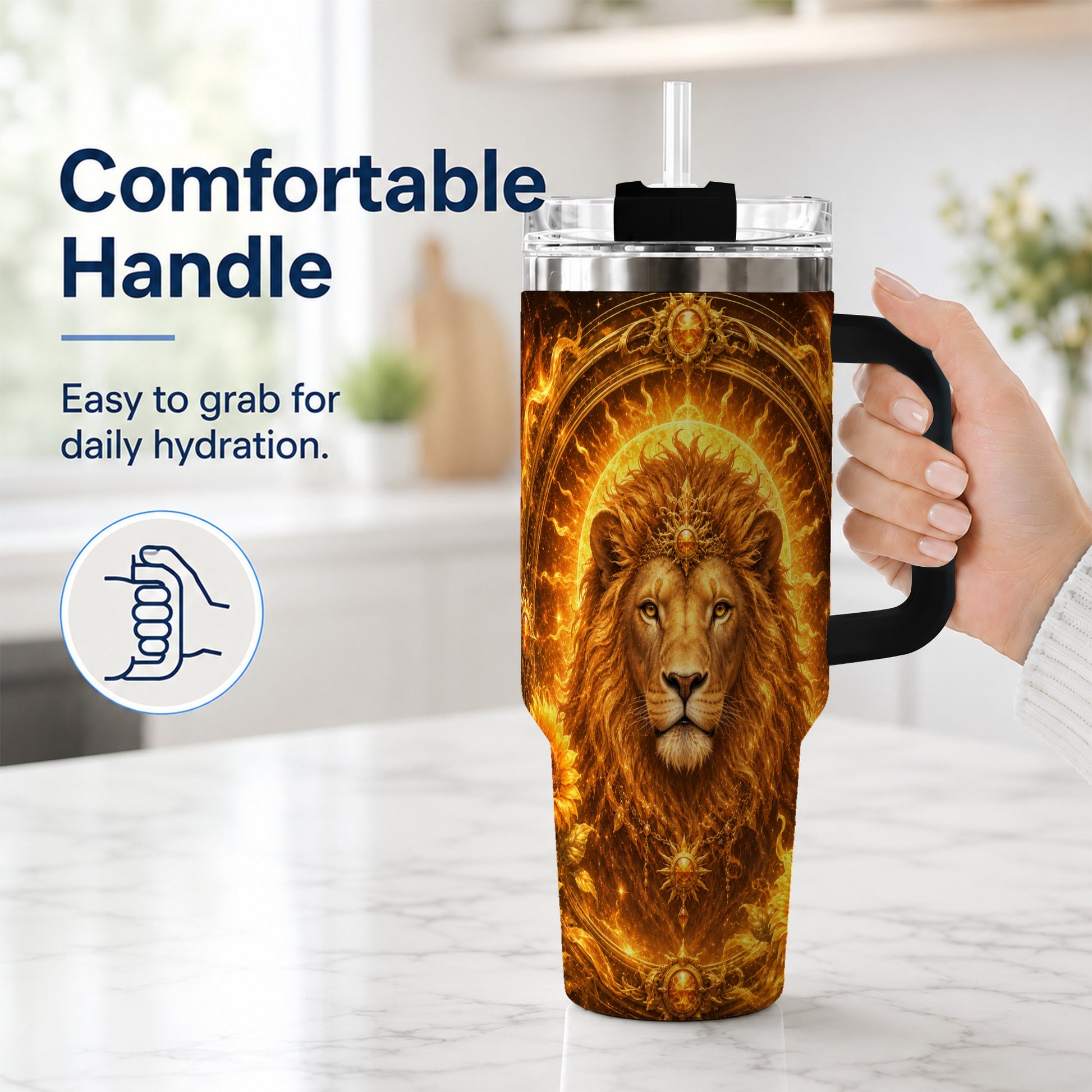 #pl[40oz|Black] Leo Lion 40oz Tumbler with Handle, Solar Zodiac Celestial Art