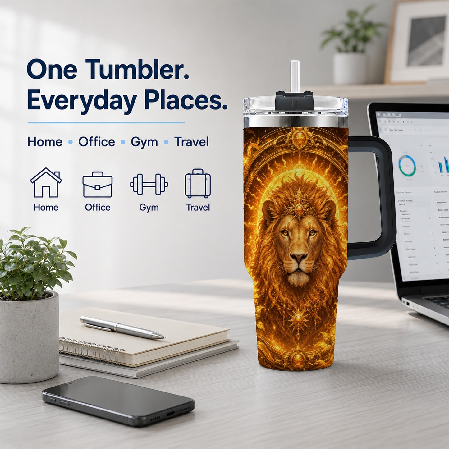 #pl[40oz|Black] Leo Lion 40oz Tumbler with Handle, Solar Zodiac Celestial Art